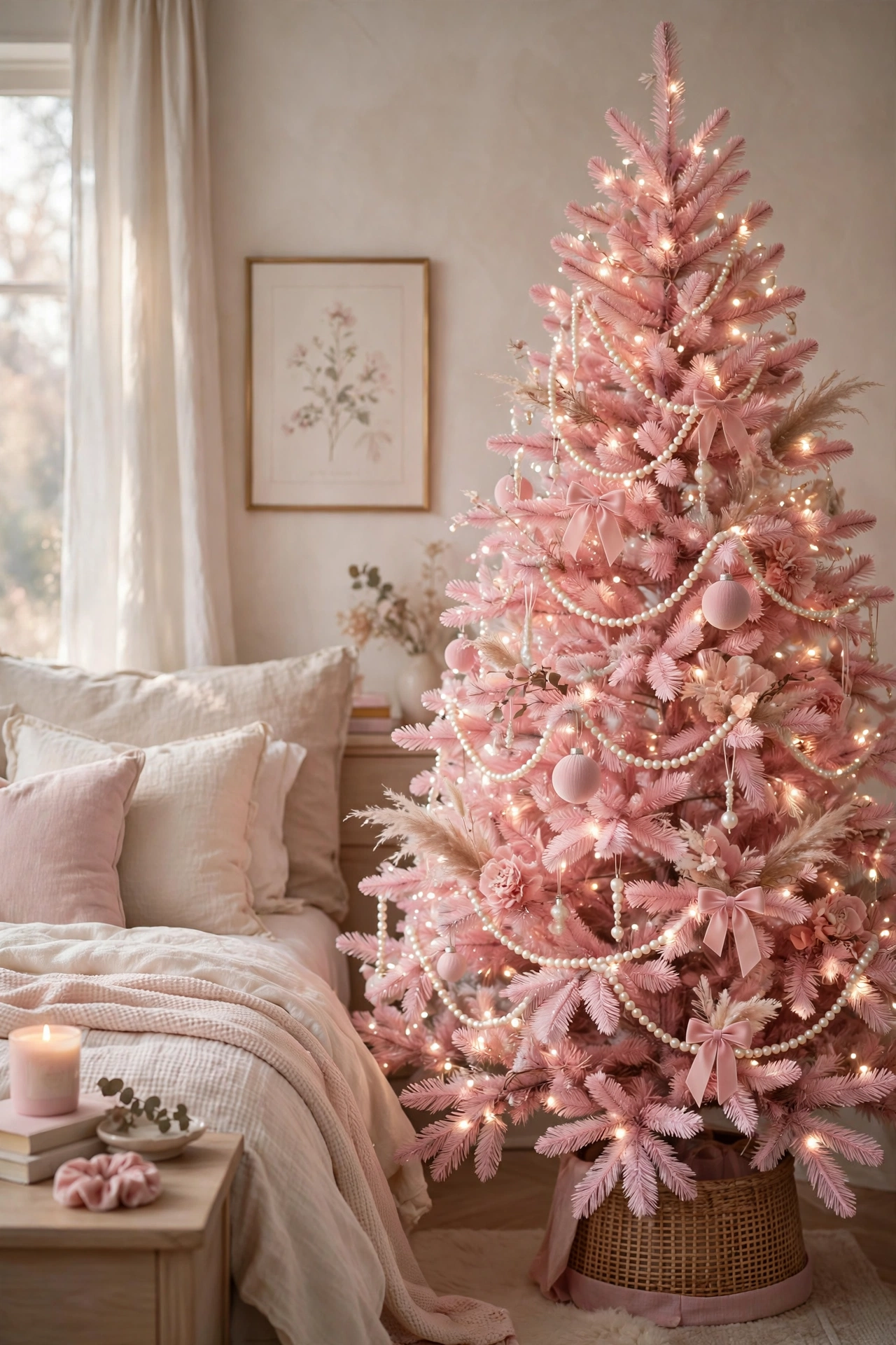 A romantic pink Christmas tree wrapped with pearl garlands and soft white fairy lights in a dreamy setting.
