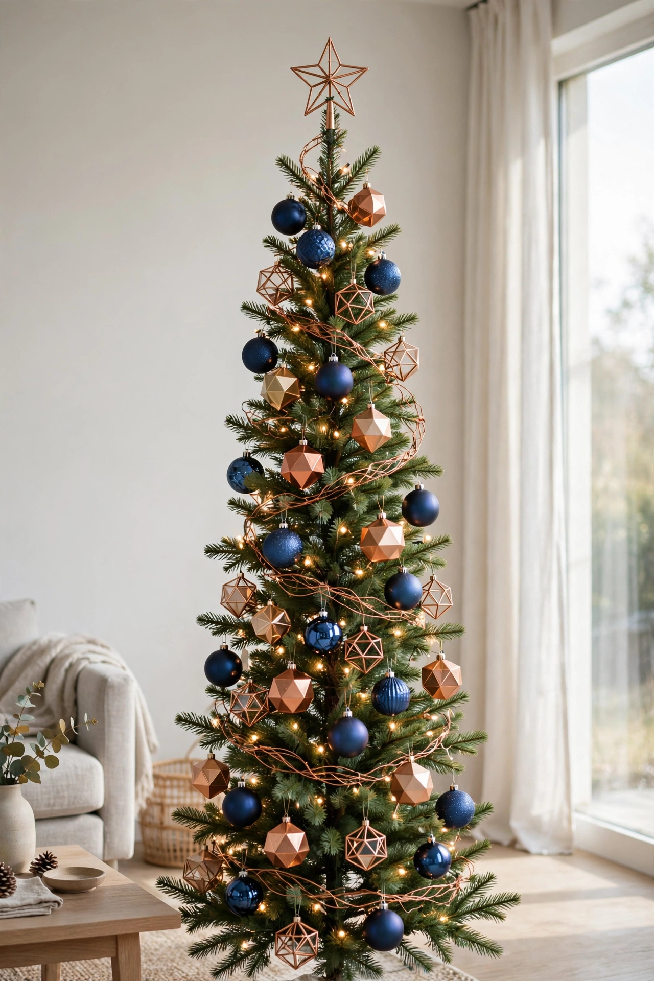 Modern blue Christmas tree styled with copper ornaments