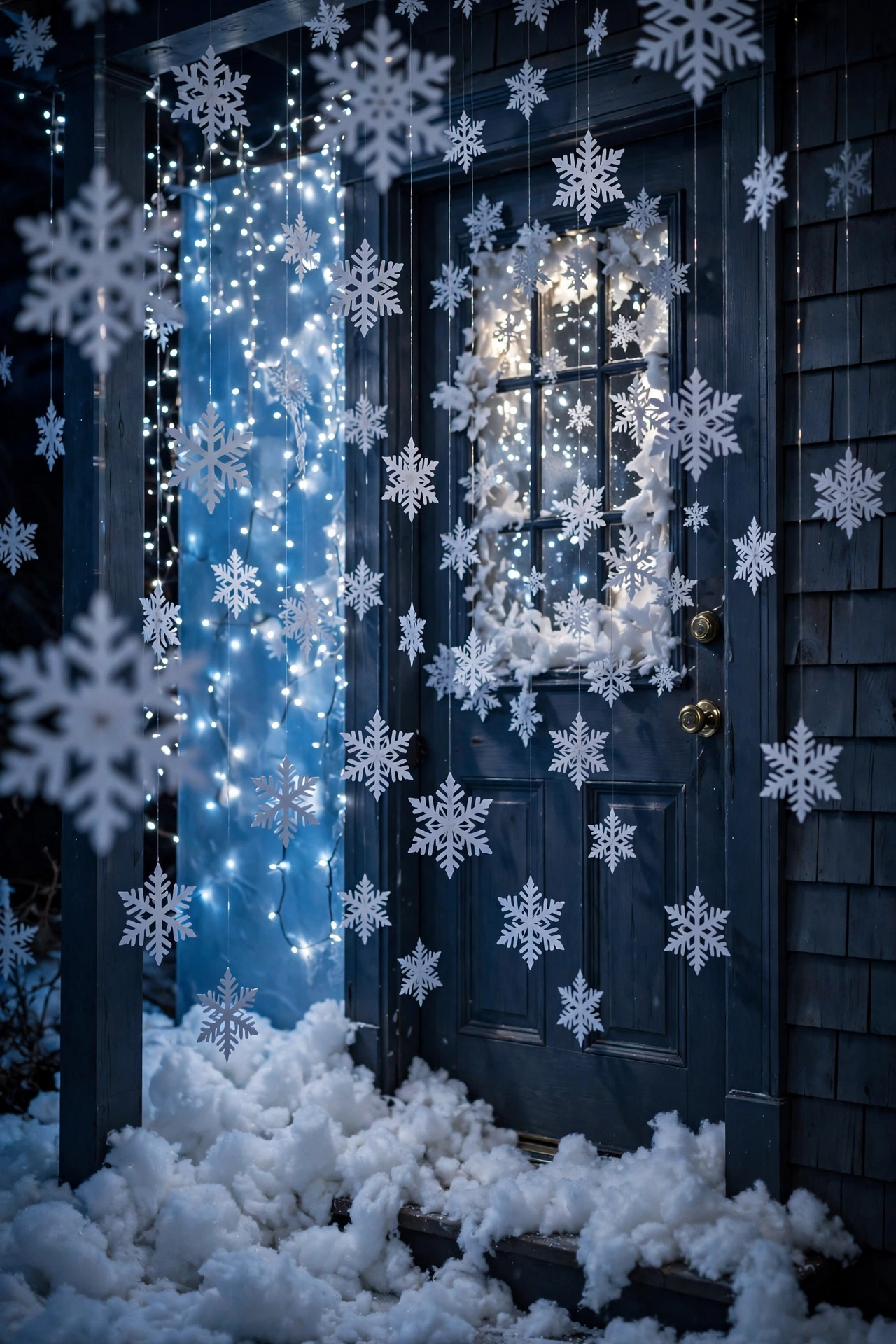 3D snowflakes and snowdrifts on winter Christmas door