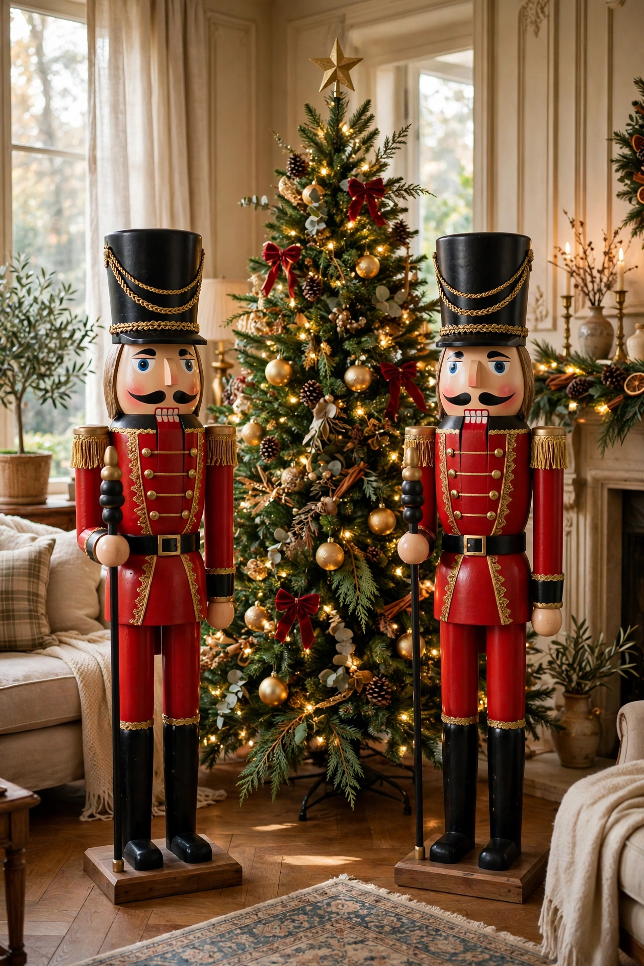 Traditional red uniform nutcracker soldiers beside Christmas tree