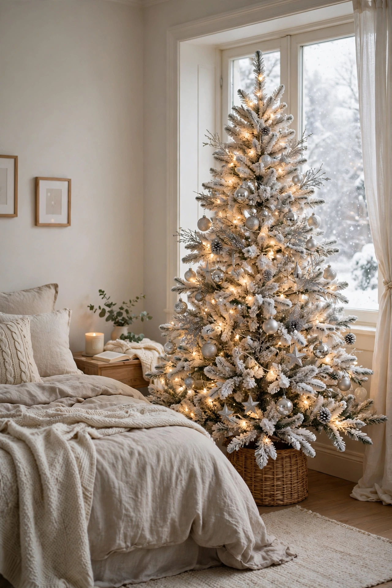 White flocked Christmas tree glowing in bedroom corner