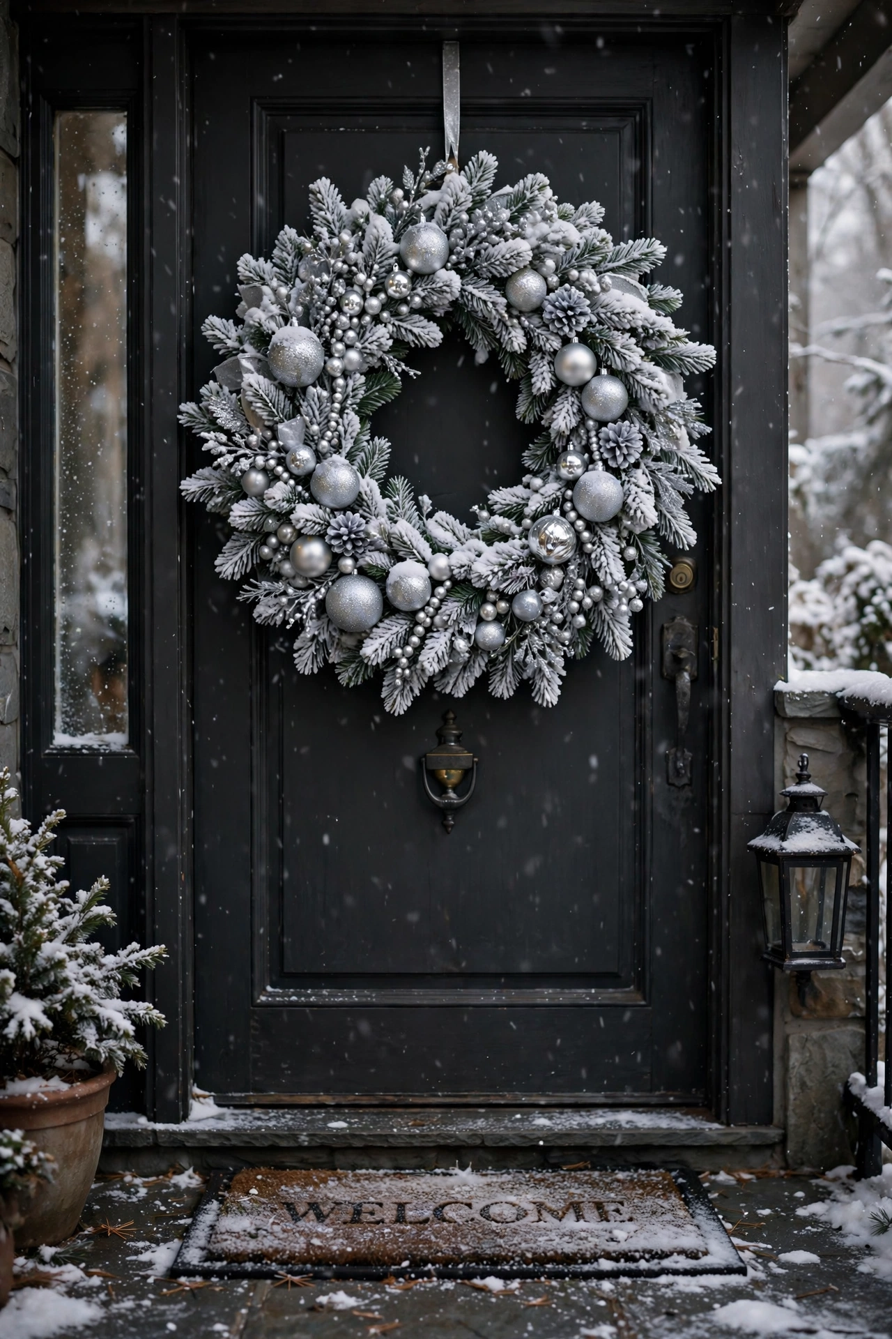 A flocked snowy Christmas wreath with silver ornaments hanging on a dark front door.