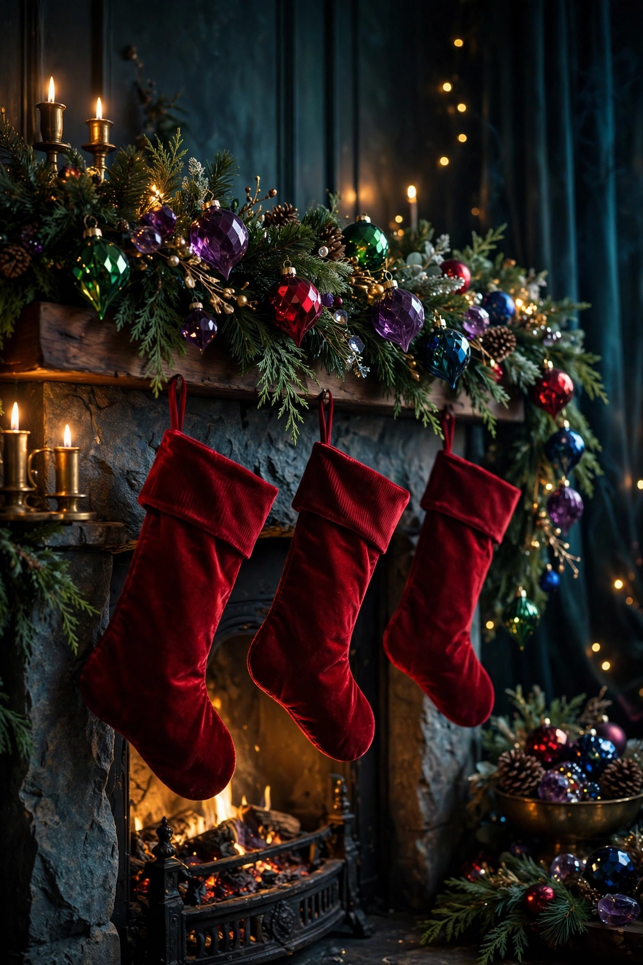 A Christmas mantle decorated in bold jewel tones with emerald and ruby ornaments.