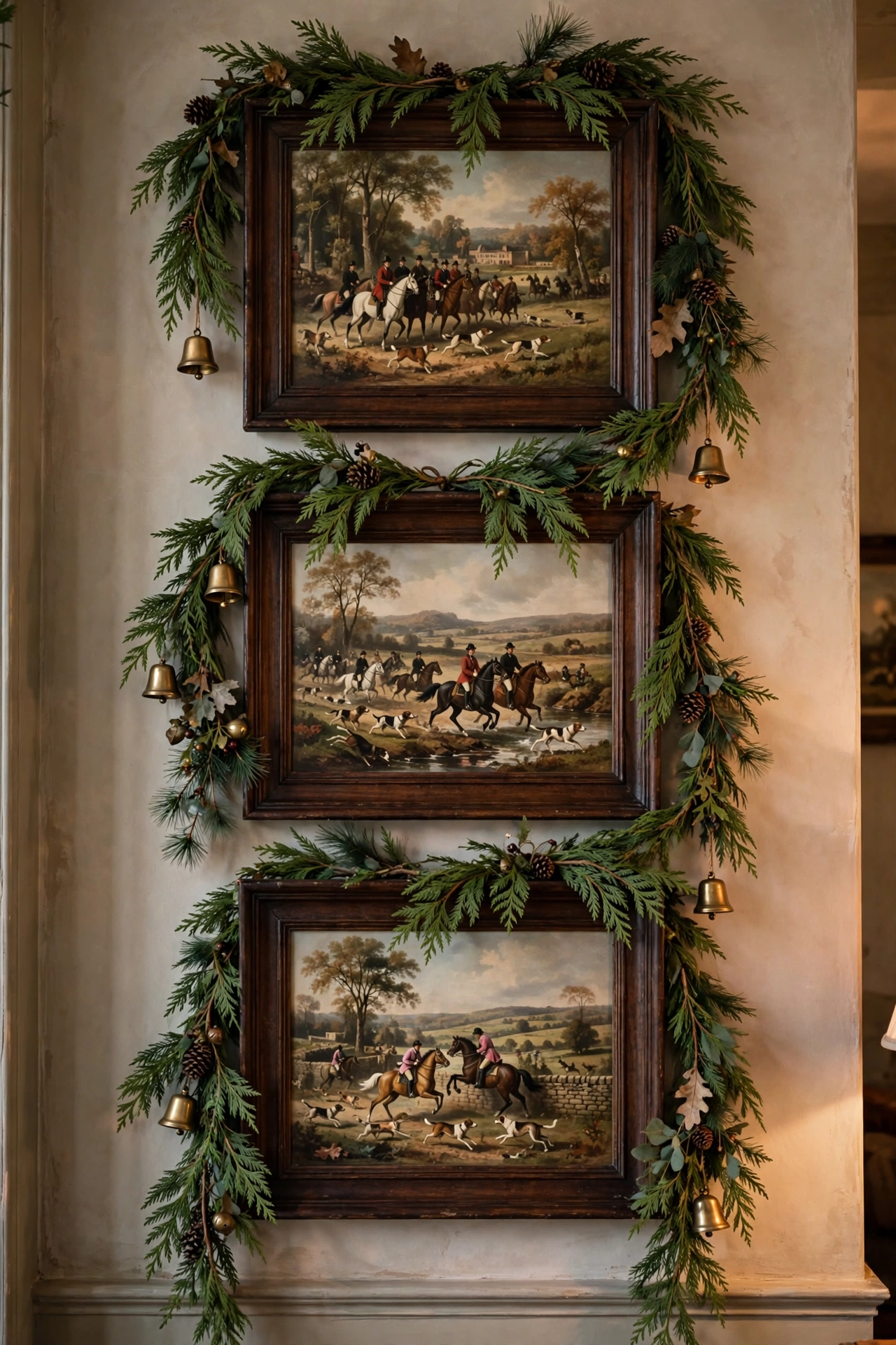 Hunt scene artwork framed with evergreen Christmas garland