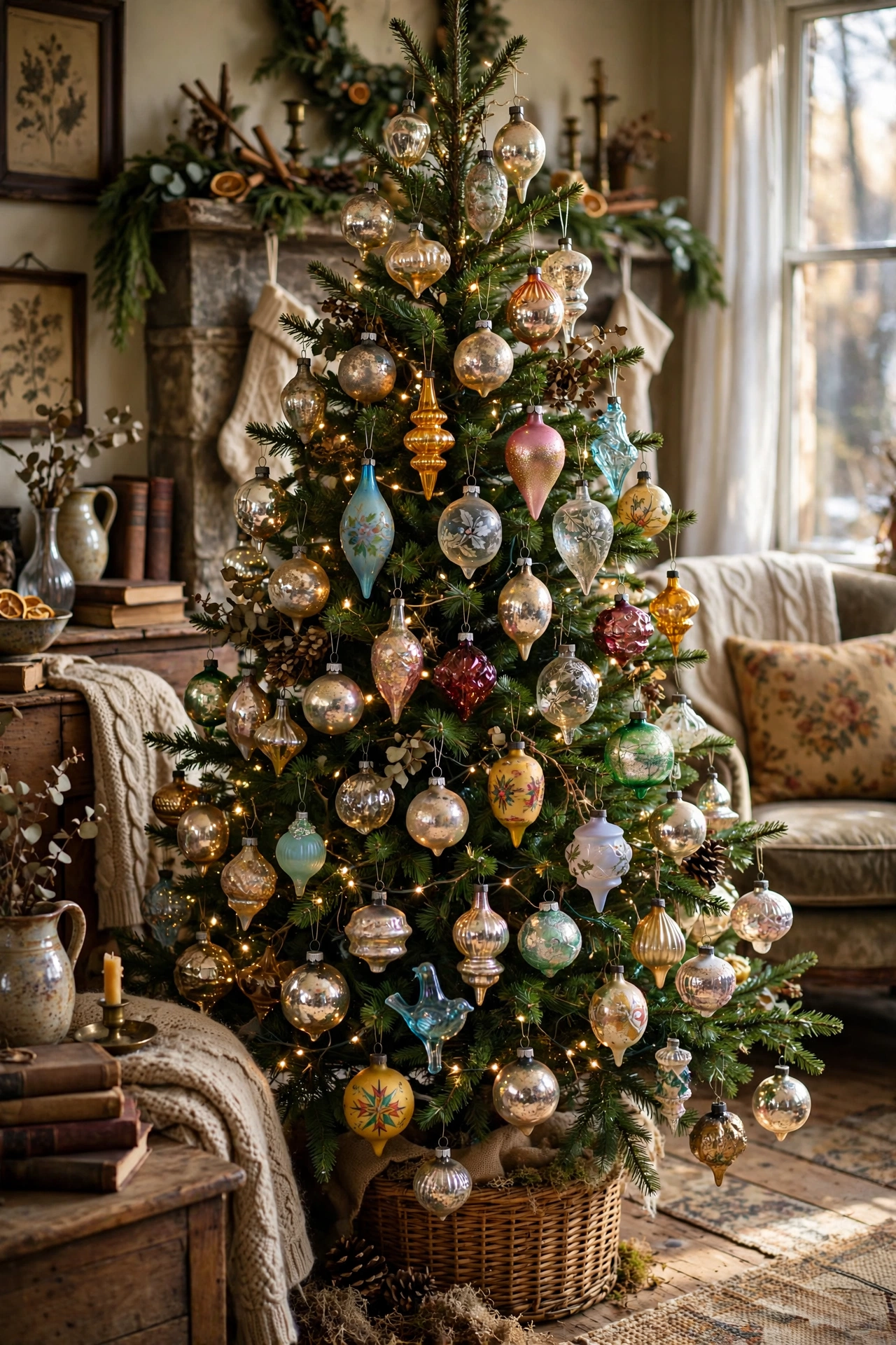 Christmas tree covered with mismatched heirloom glass ornaments collection