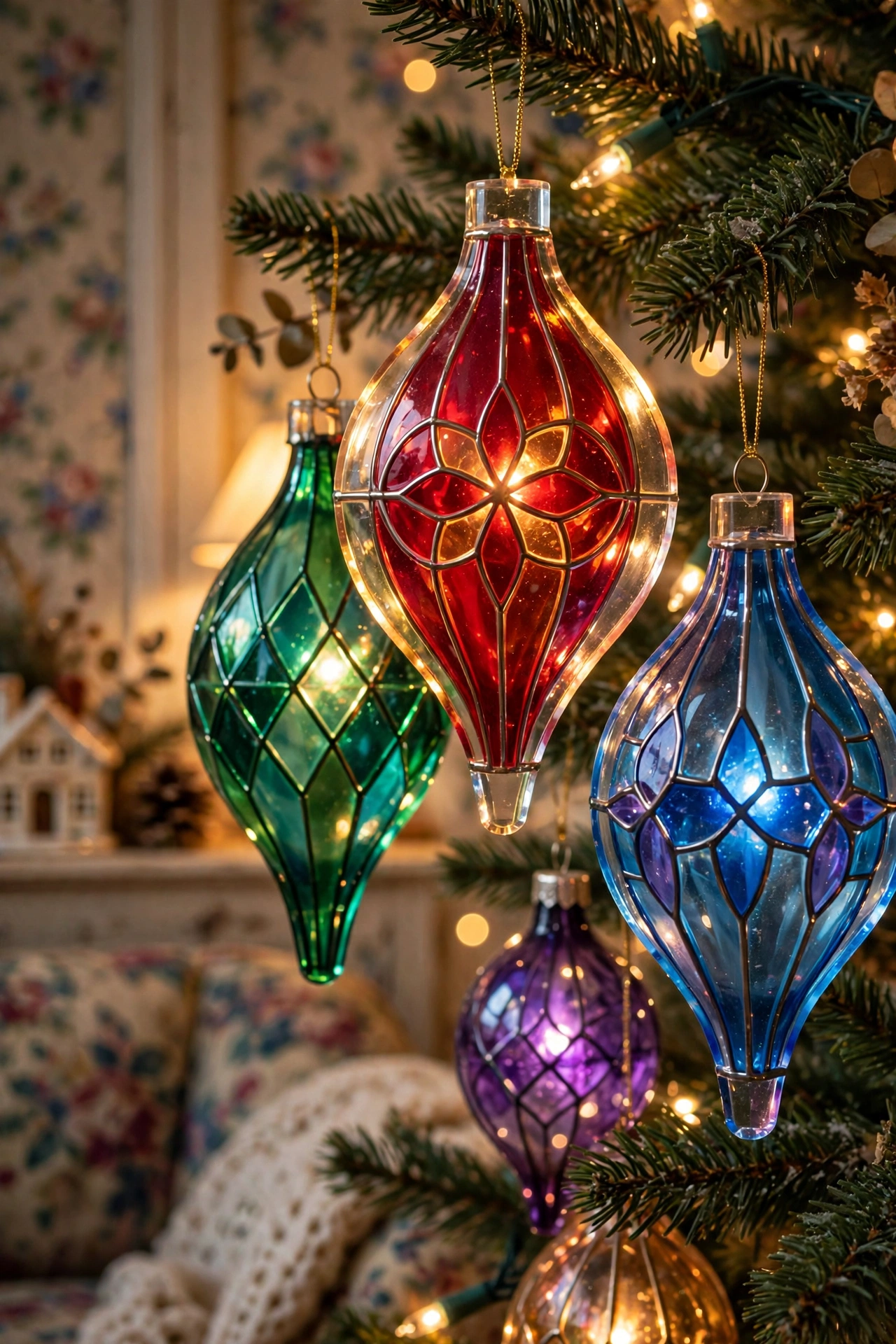 Faux stained glass acrylic ornaments glowing on Christmas tree