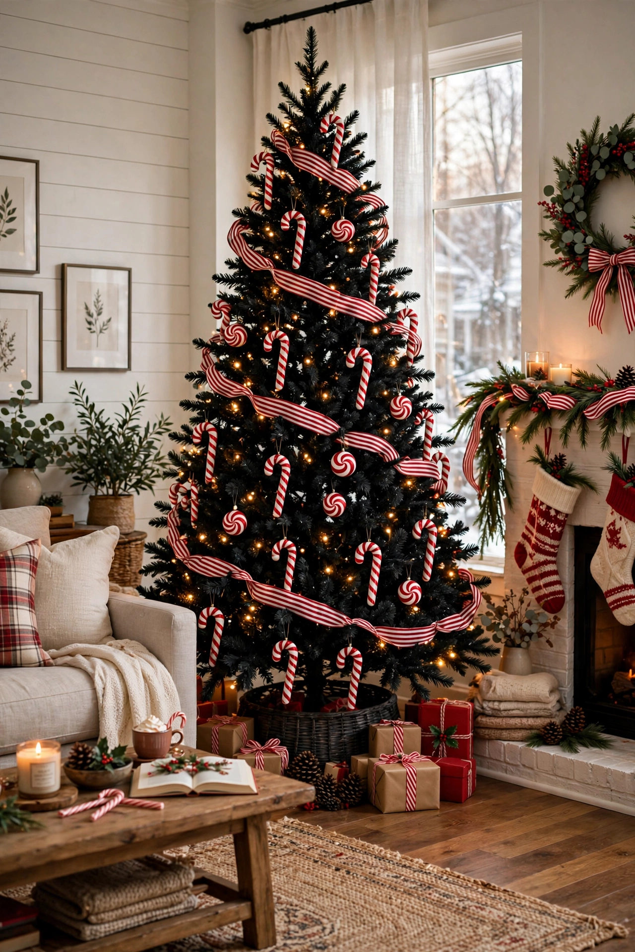 Black Christmas tree with red and white candy cane ornaments and striped ribbon in a festive living room