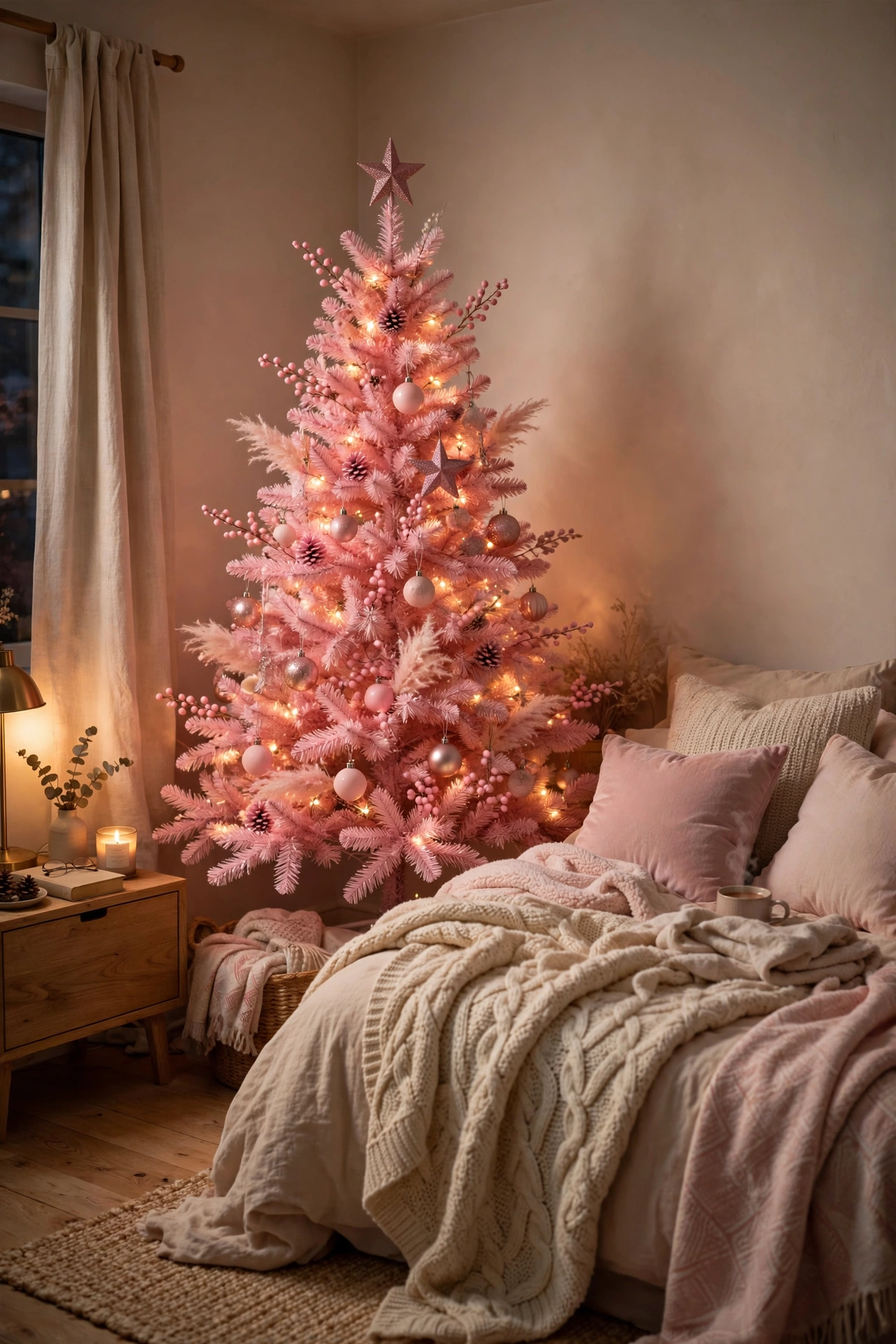 A pink Christmas tree in a cozy bedroom corner with warm lighting and soft textiles nearby.