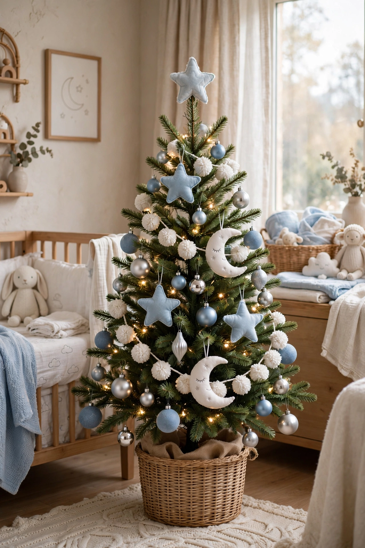 Light blue Christmas tree decorated for a nursery