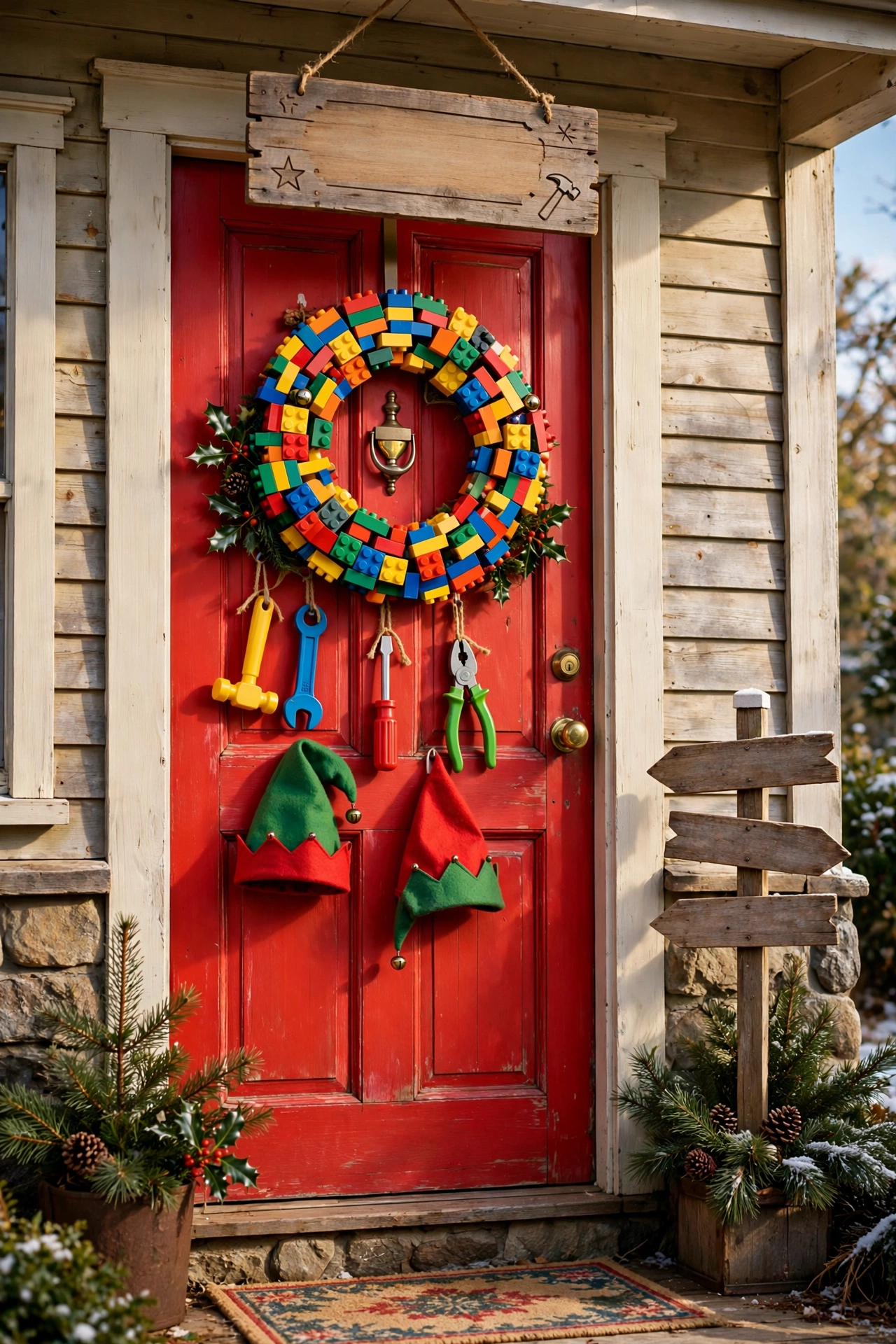 Santas workshop themed Christmas door with toy decorations