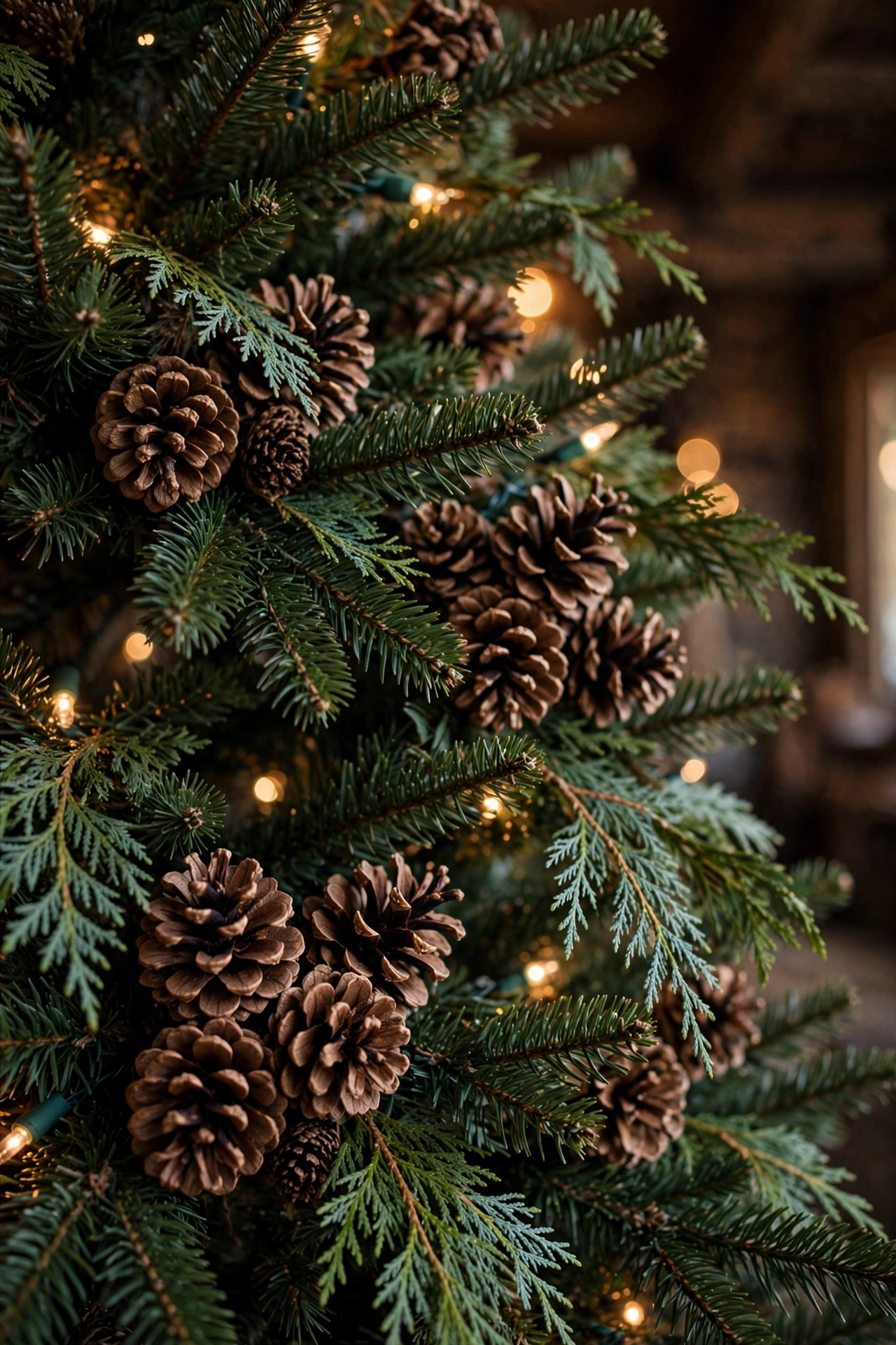 Pinecone clusters with cedar sprigs tucked in Christmas tree