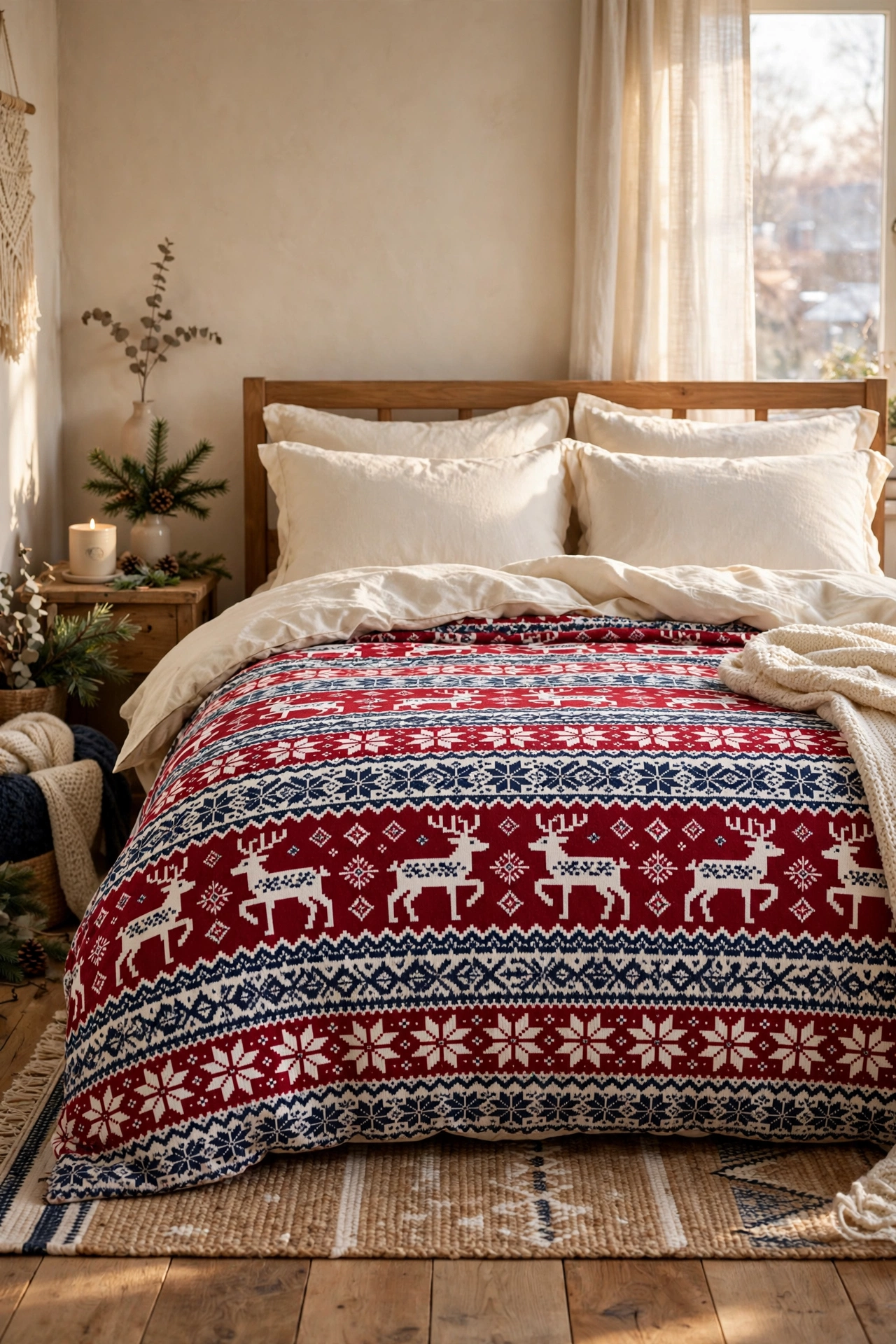 Bed with festive reindeer pattern Christmas duvet cover set
