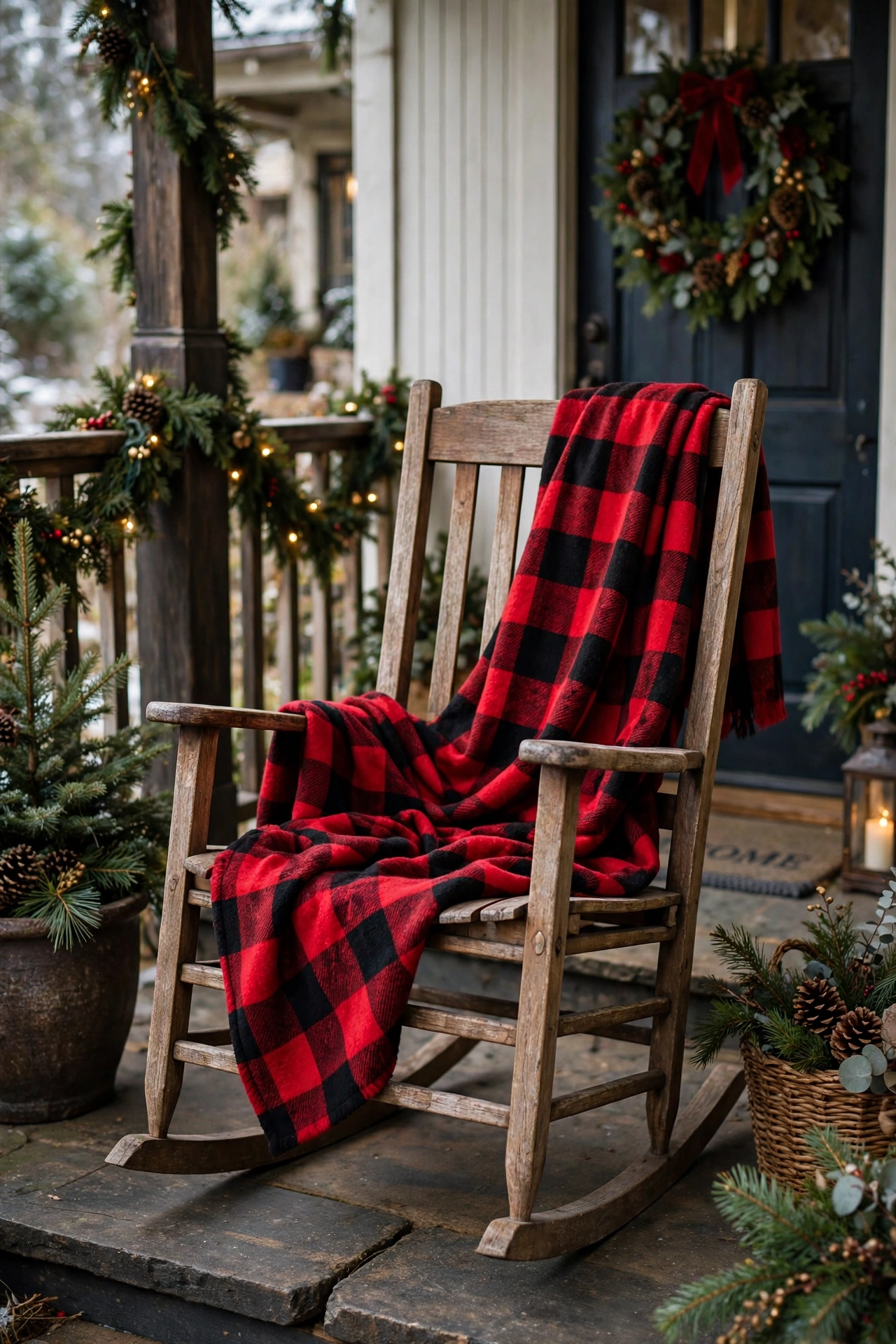 A wooden rocking chair on a Christmas porch with a red and black buffalo plaid throw blanket.
