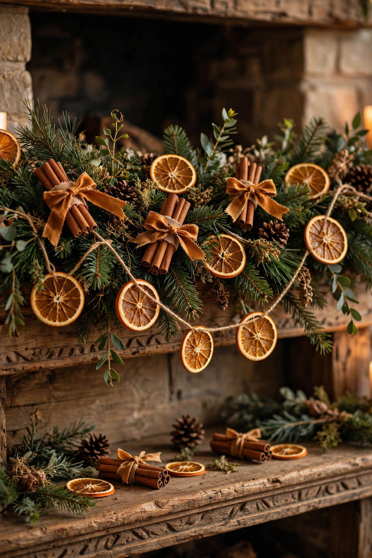 A Christmas mantle garland made with dried orange slices and cinnamon sticks.