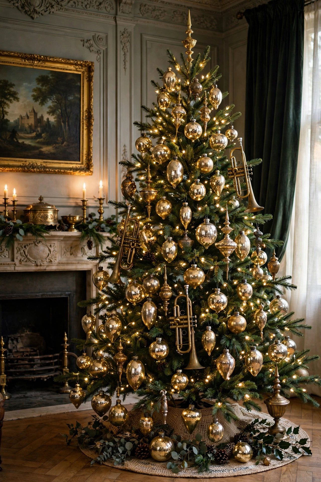 Christmas tree decorated with antique brass and gold ornaments