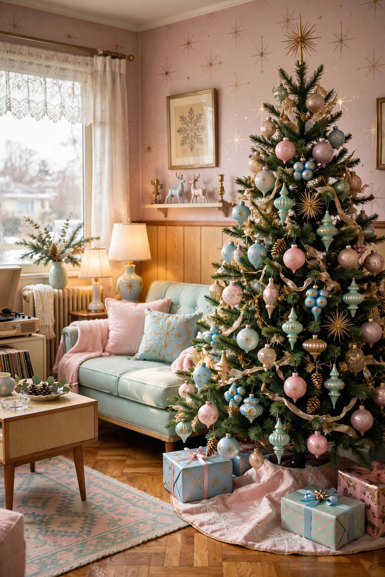 Retro pastel pink and mint Christmas tree with gold ornaments