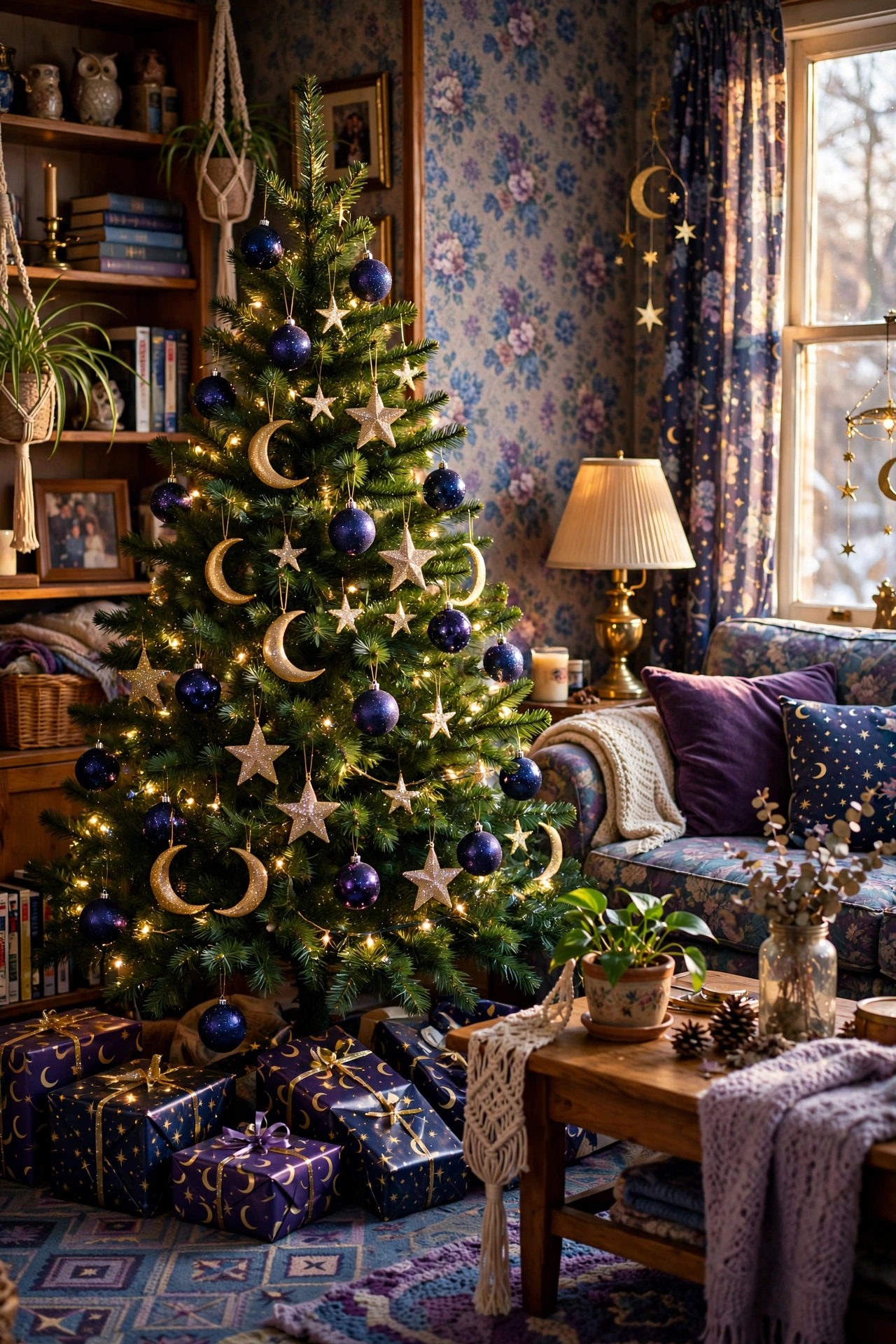 Celestial gold moon and star ornaments on Christmas tree