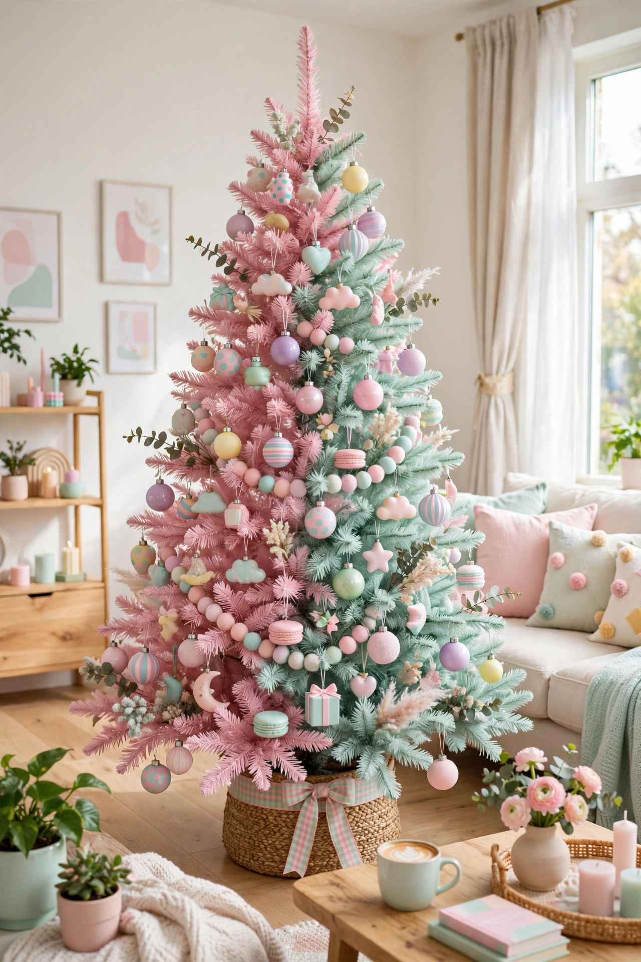 A pink and mint green Christmas tree with fresh playful pastel ornaments in a bright cheerful room.