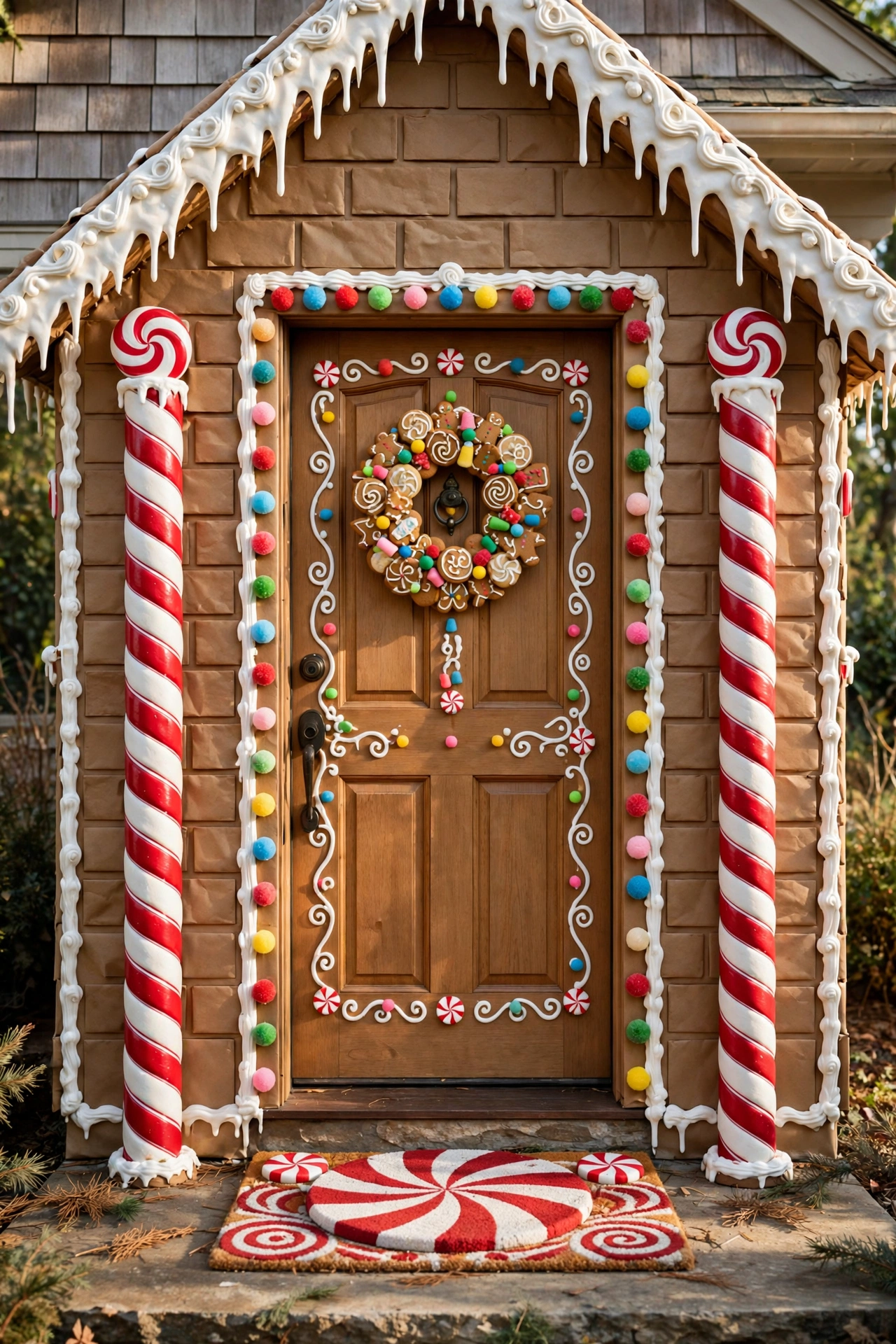 Gingerbread house themed Christmas door with candy decor