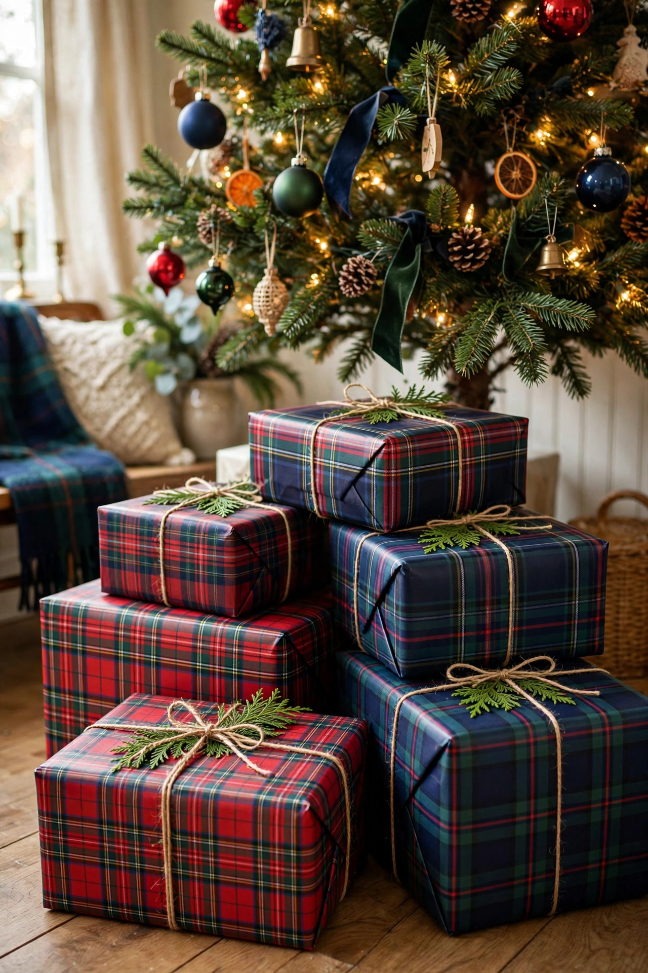 Plaid wrapped Christmas gifts under Ralph Lauren style tree