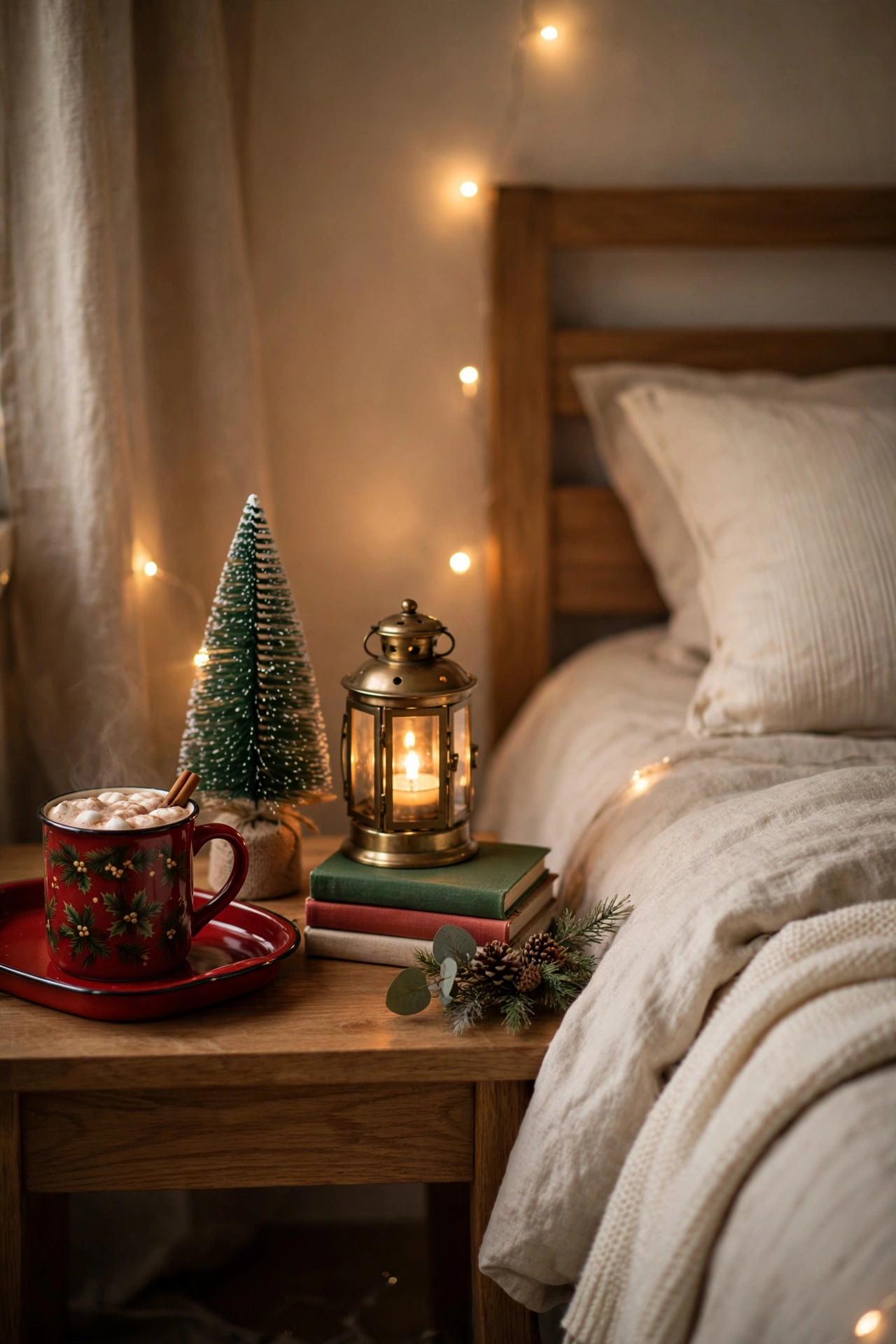 Christmas styled bedside table with mug tree and candle