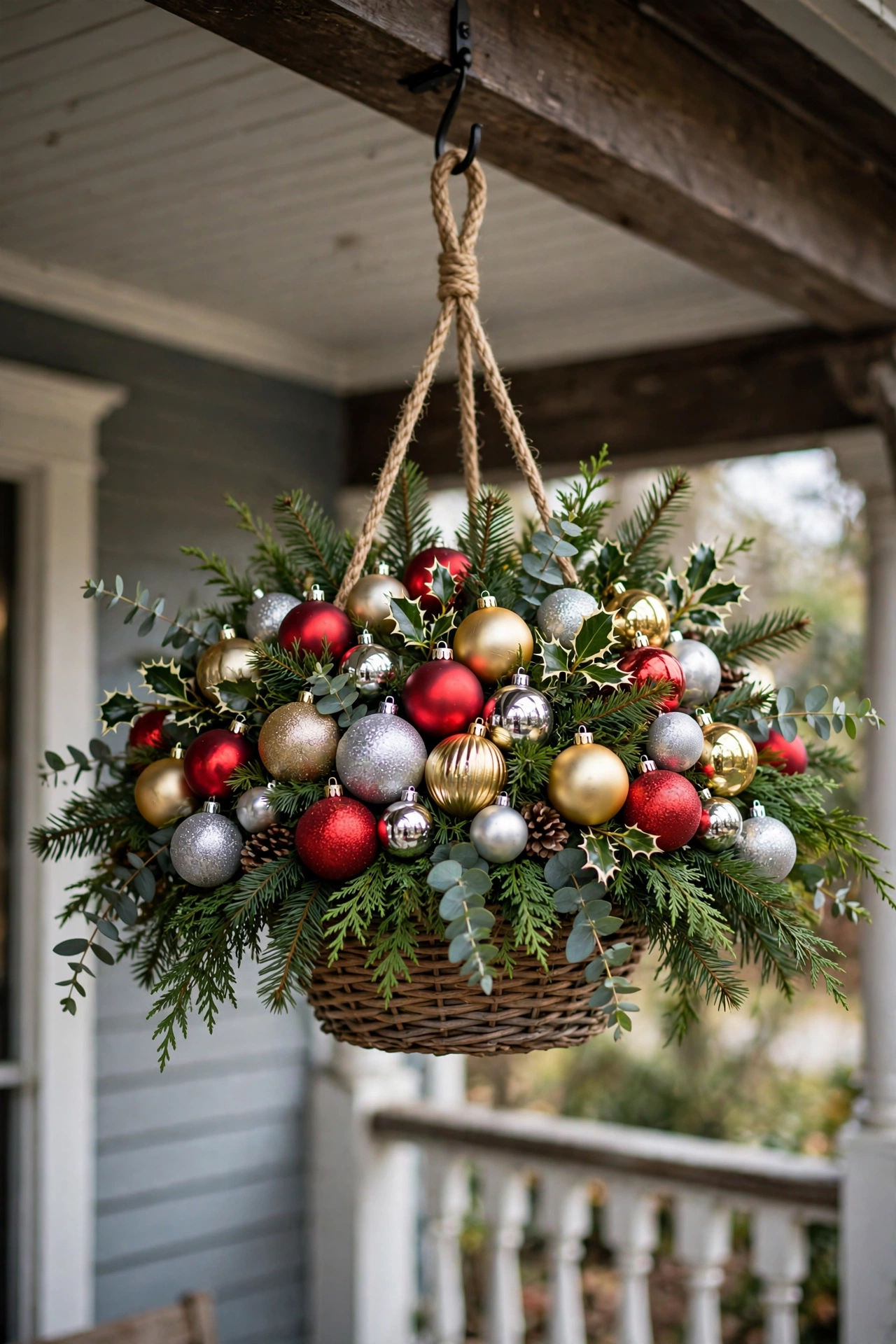 A hanging basket filled with red gold and silver Christmas ornaments and greenery on a porch.