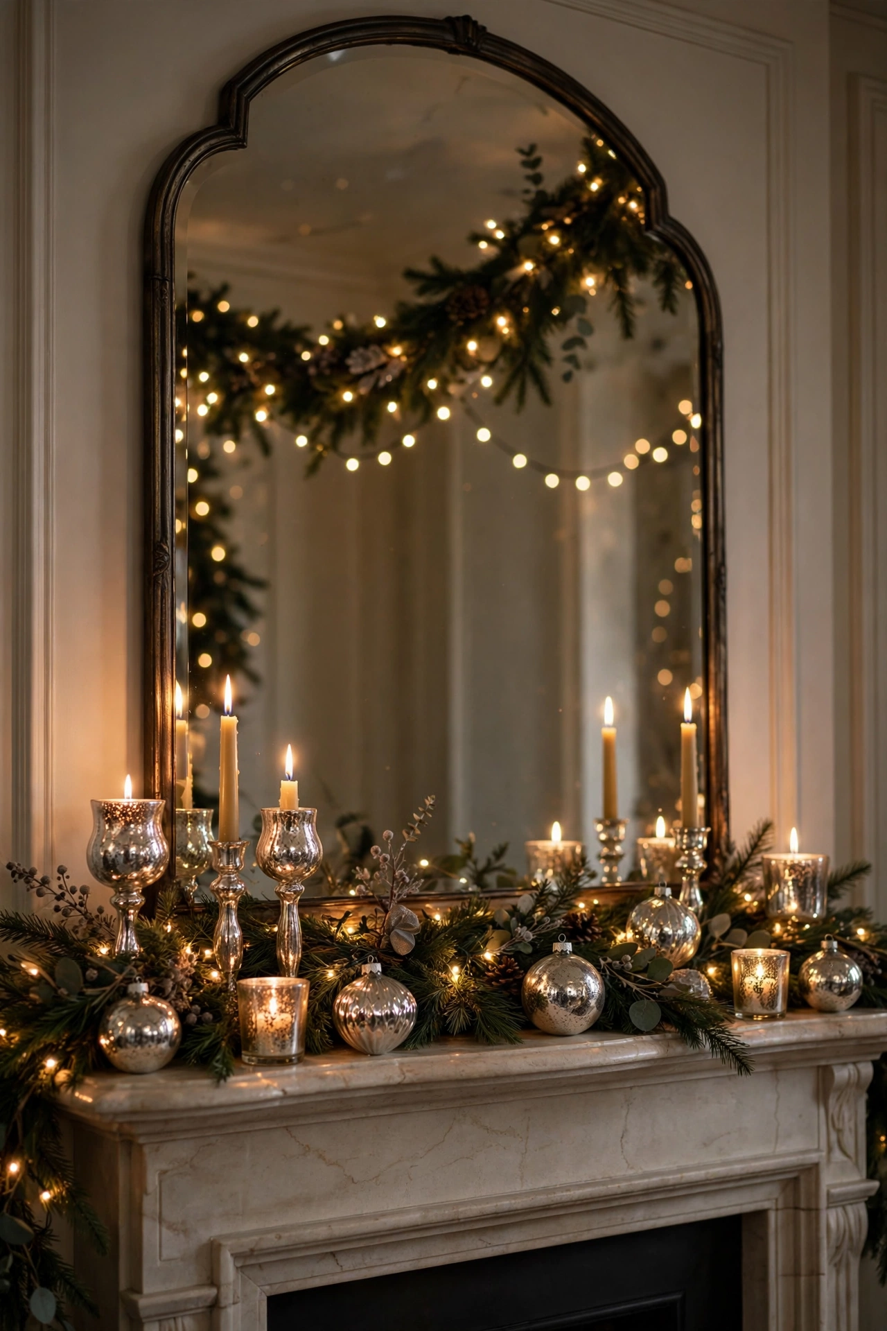 A mirrored Christmas mantle display with reflective ornaments doubling the candlelight.