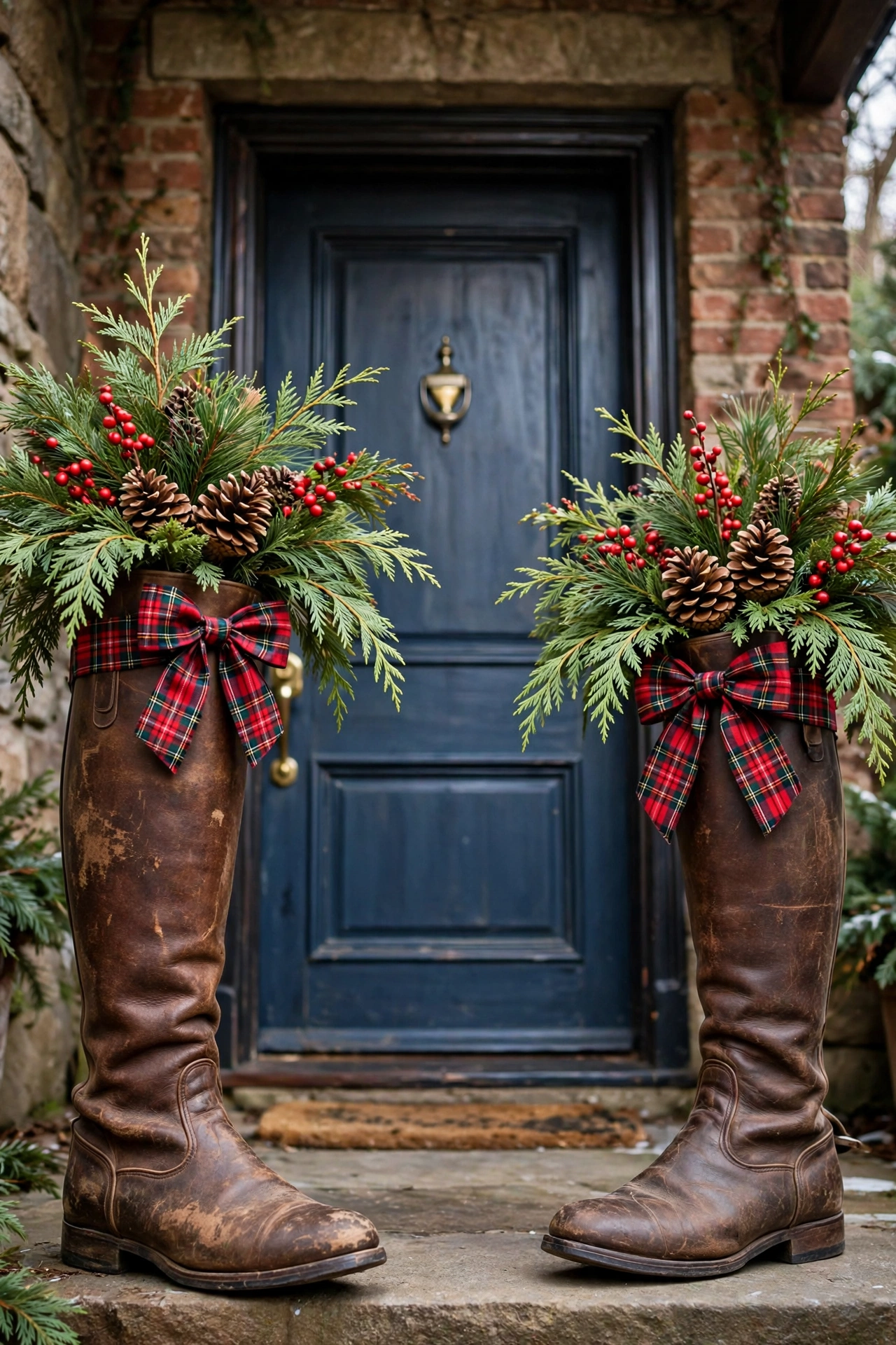 Leather riding boots used as Christmas planters with evergreens