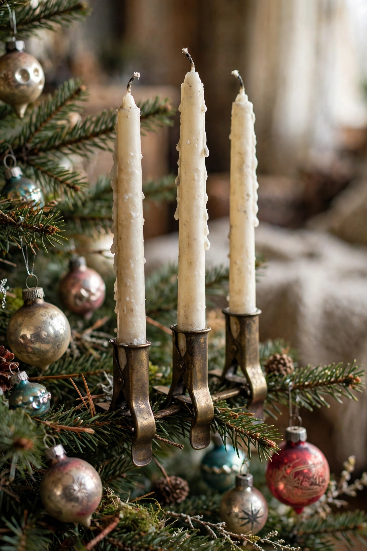 Old fashioned clip on candles decorating vintage Christmas tree