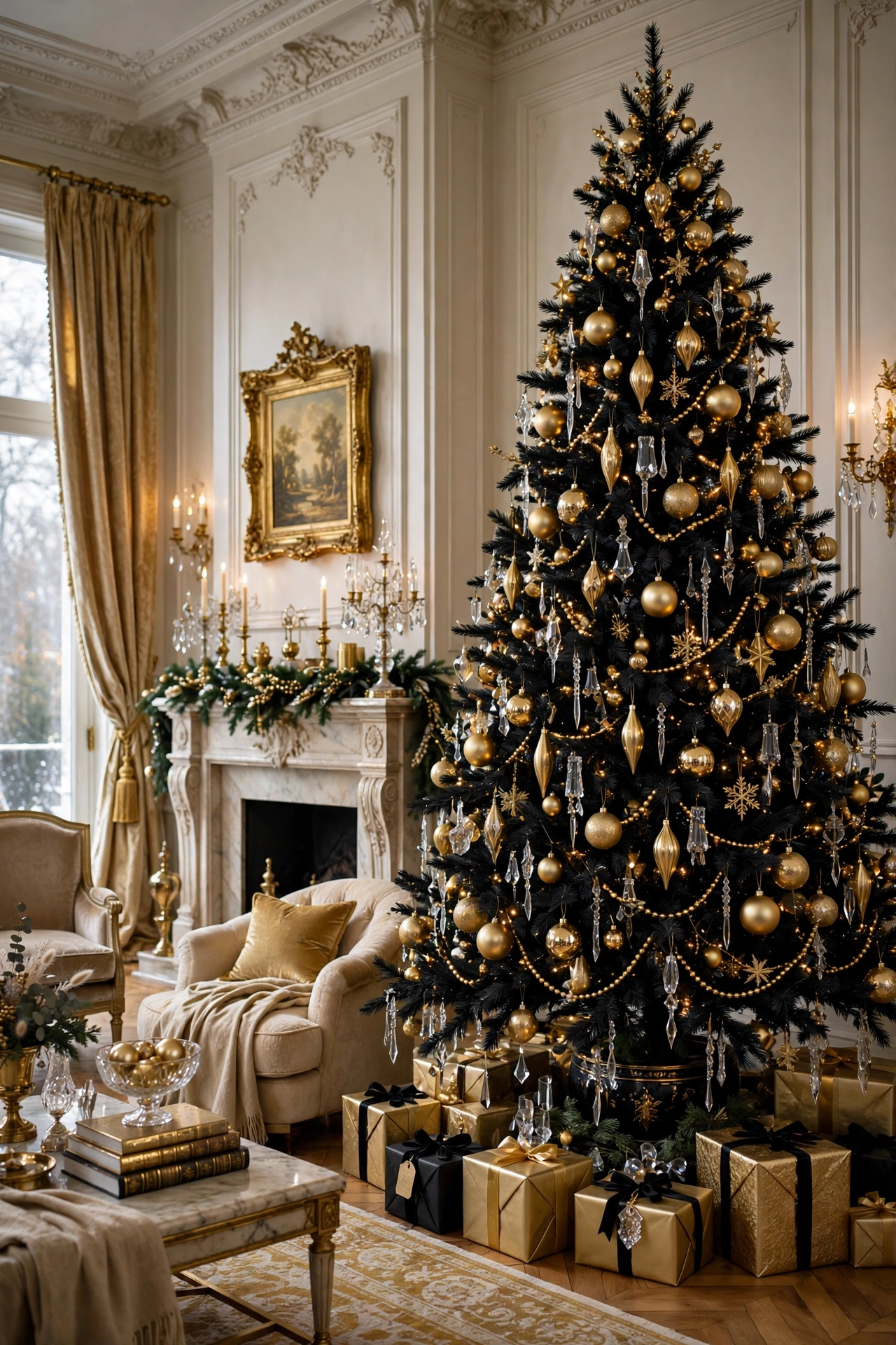 Luxurious black Christmas tree with champagne gold ornaments and crystal accents in a grand living room