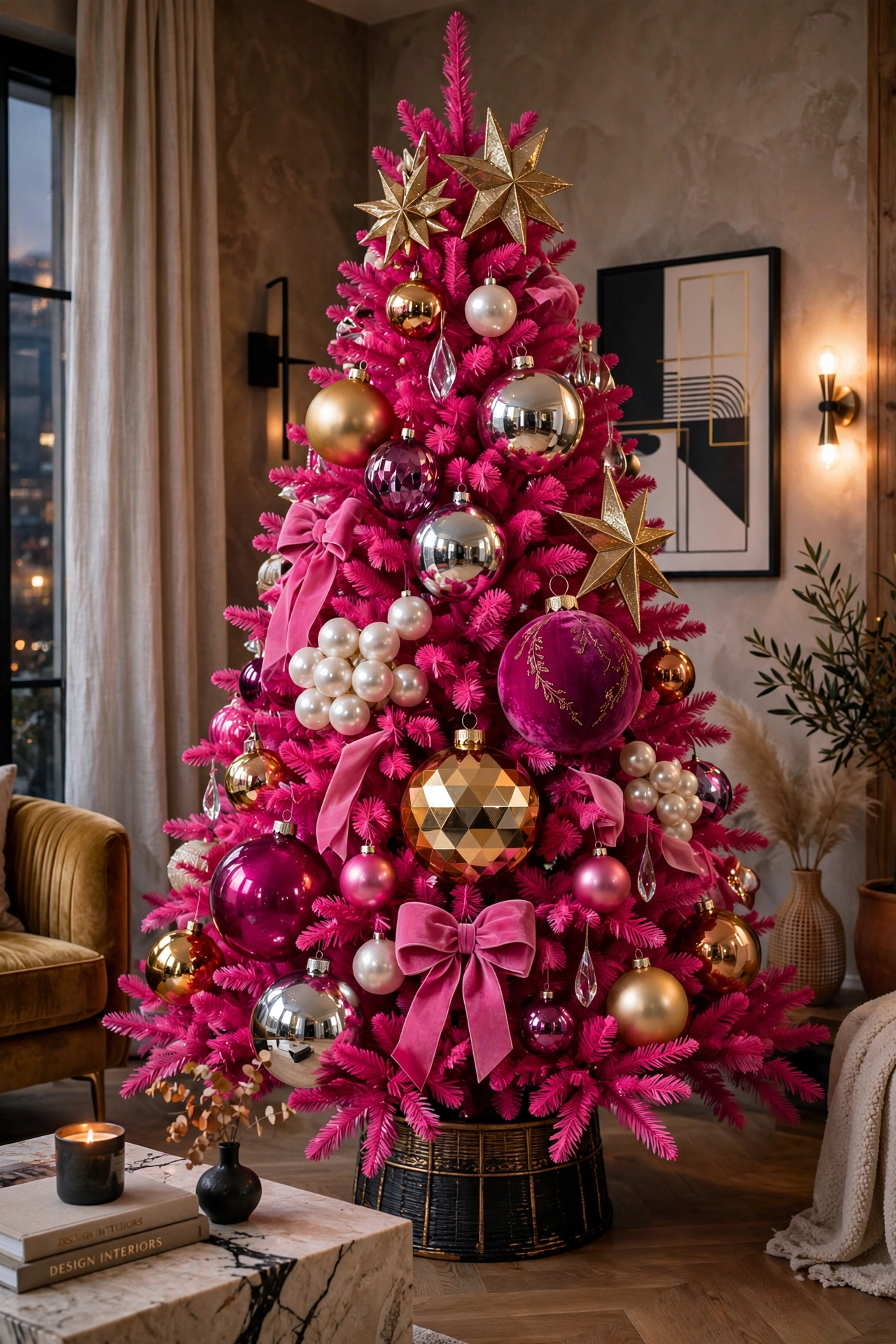 A bold magenta pink Christmas tree as a dramatic statement piece with eye catching ornaments in a stylish room.