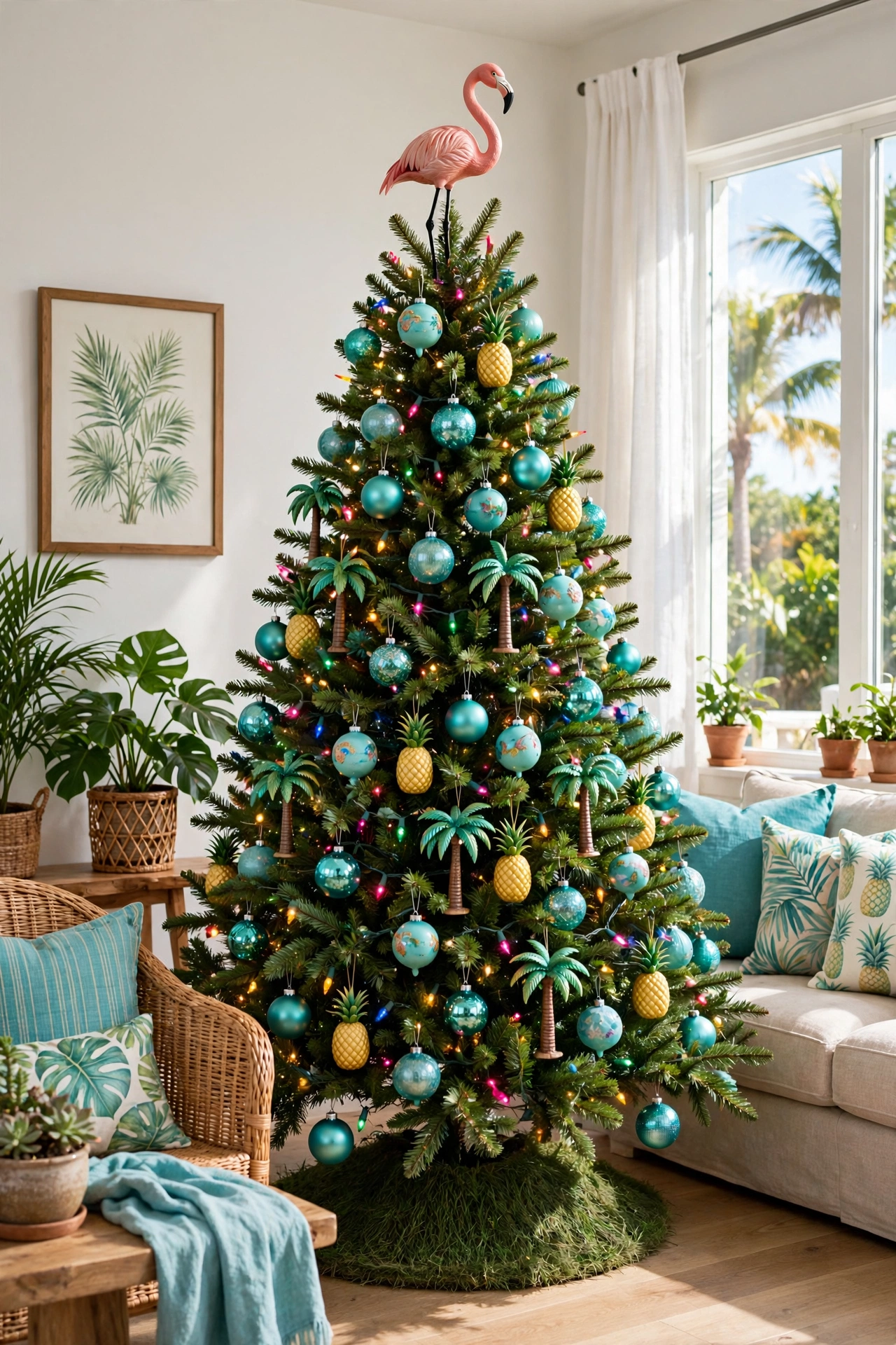 Aqua tropical Christmas tree with fun flamingo ornaments