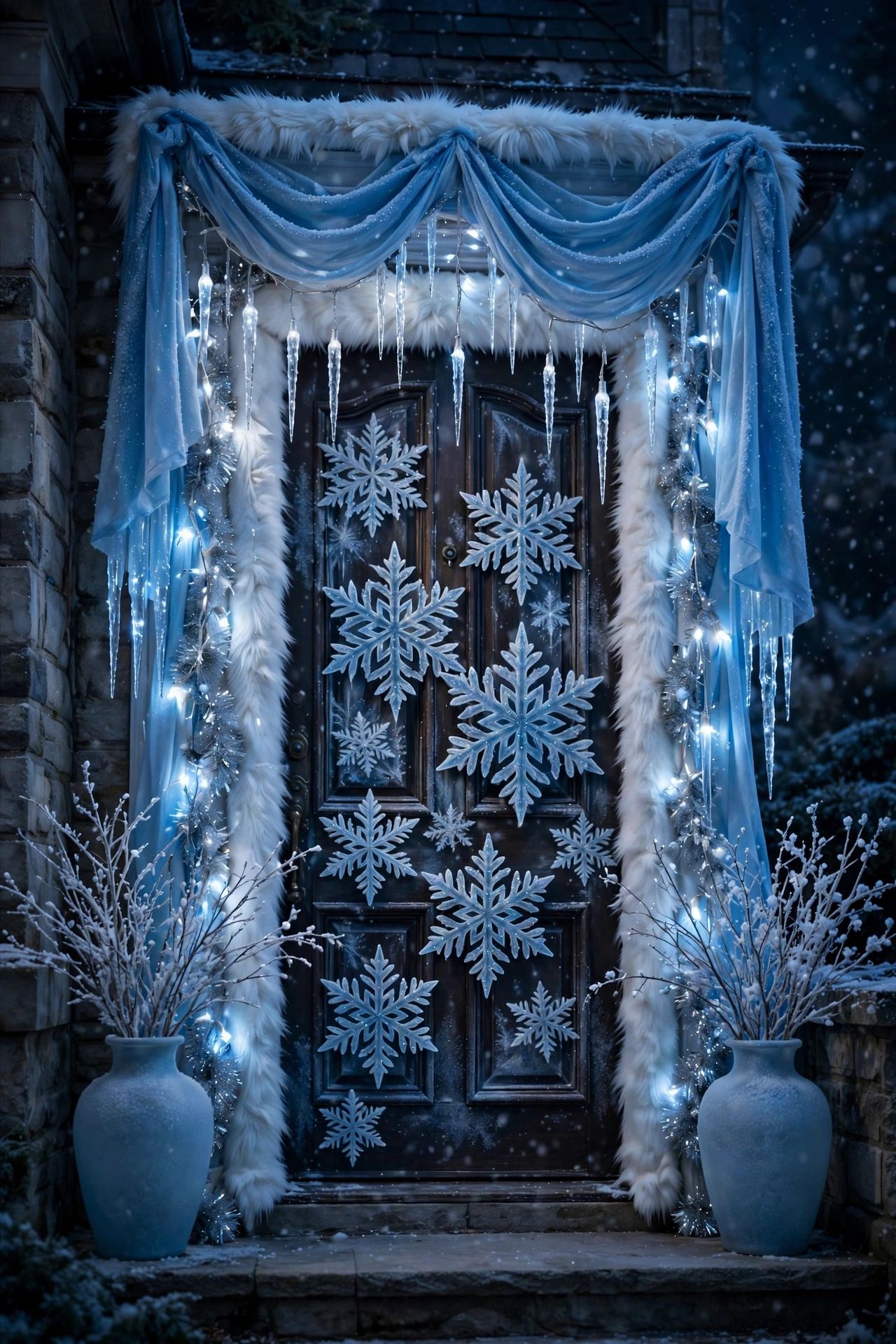 Icy blue frozen palace Christmas door with icicle lights