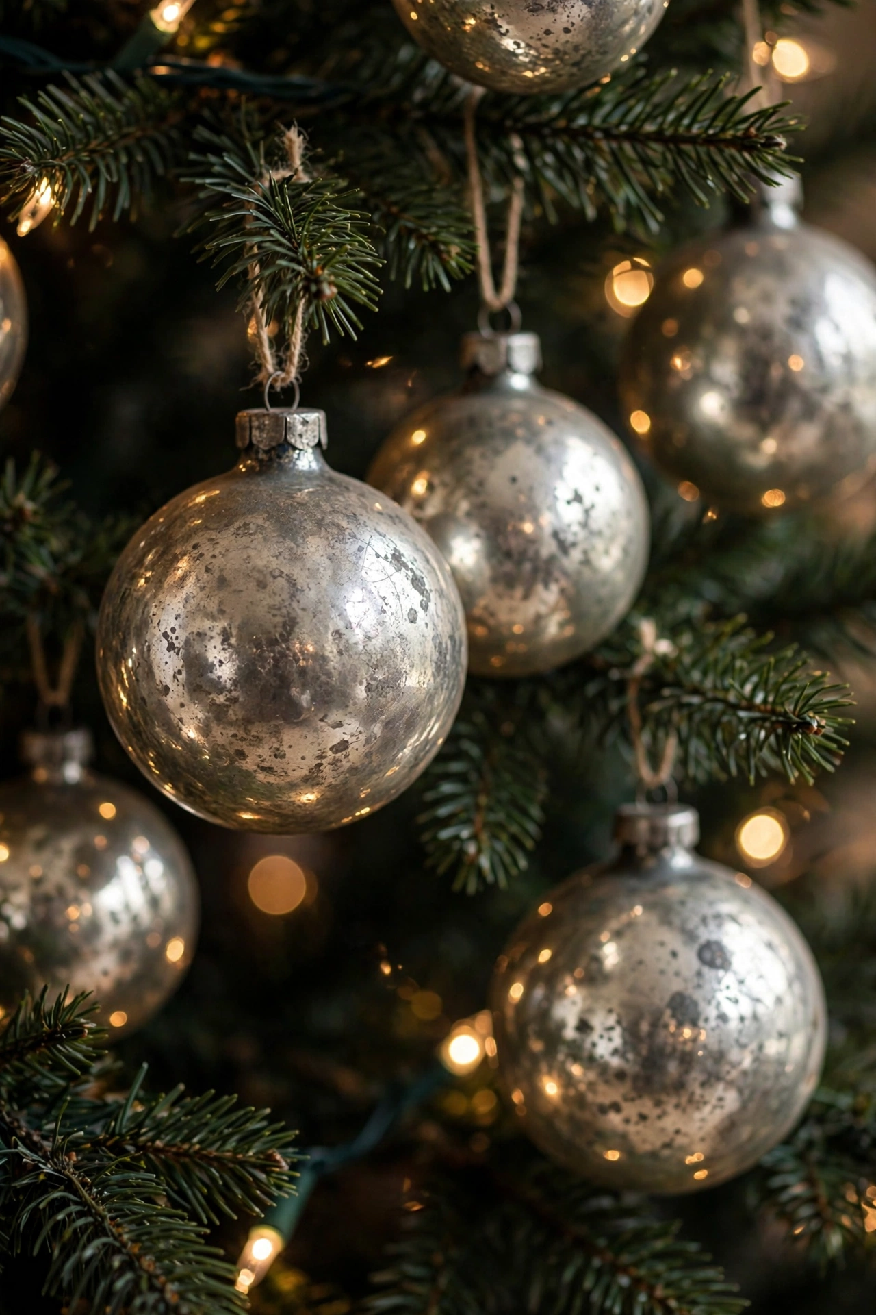 Antique silver mercury glass ornaments on Christmas tree