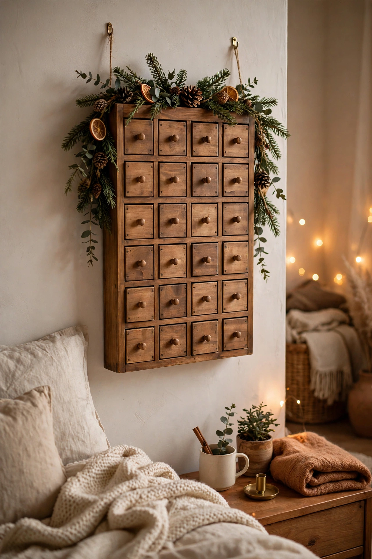 Wooden advent calendar with drawers hanging on bedroom wall