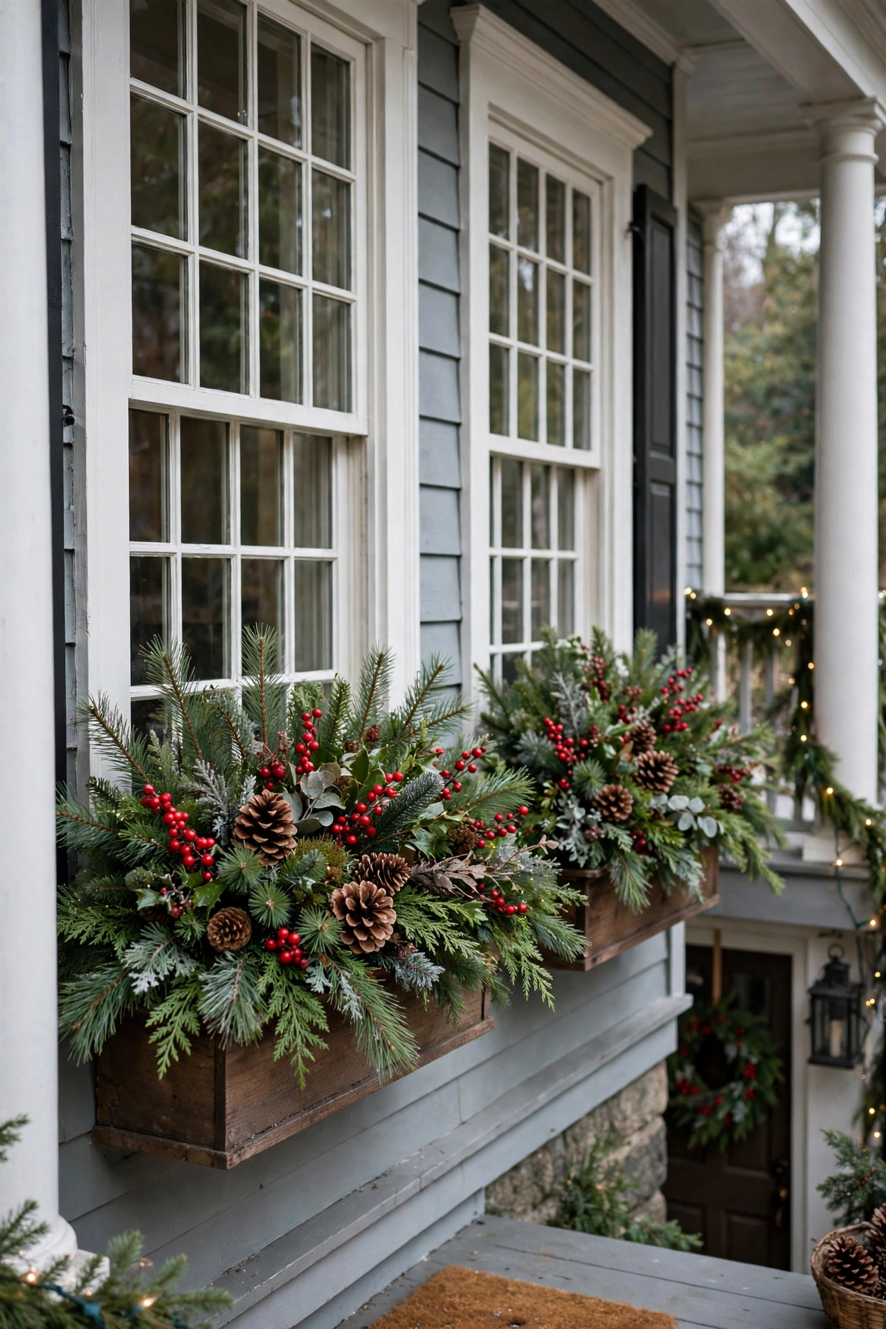 Front porch window boxes filled with fresh pine branches, red berries and pinecones for Christmas.