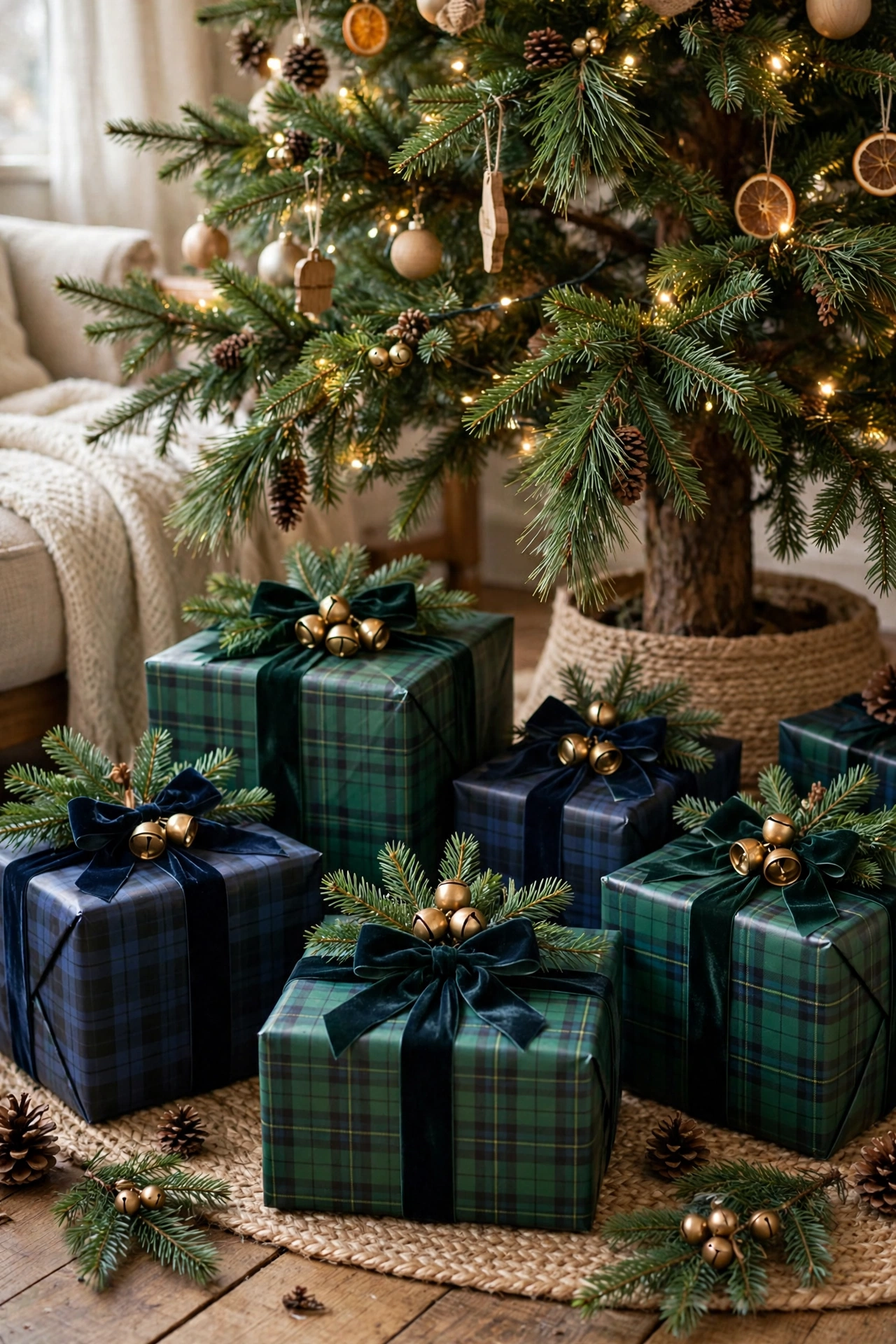 Christmas gifts wrapped in tartan plaid paper under tree