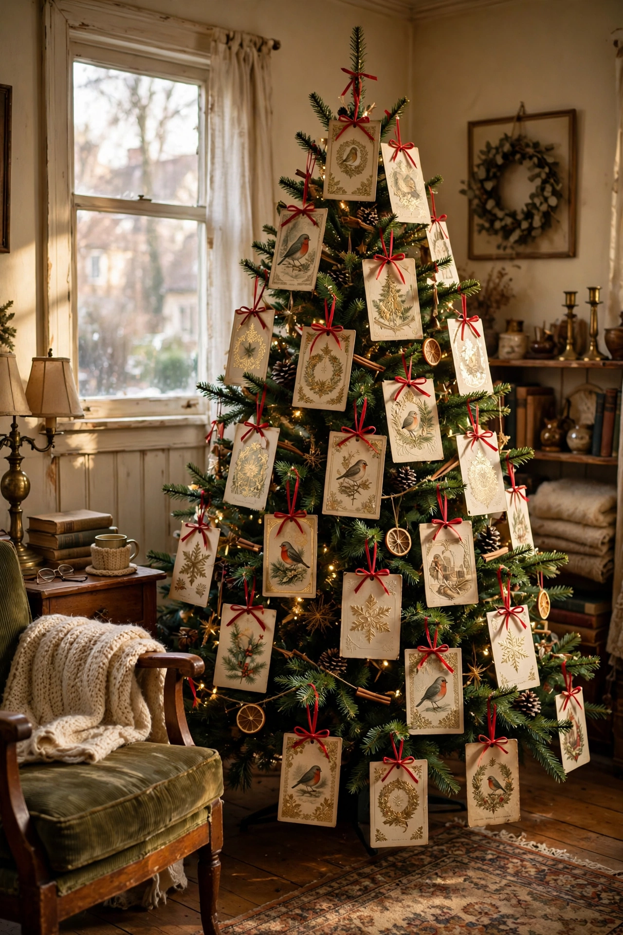 Vintage Christmas cards tied with ribbon on Christmas tree