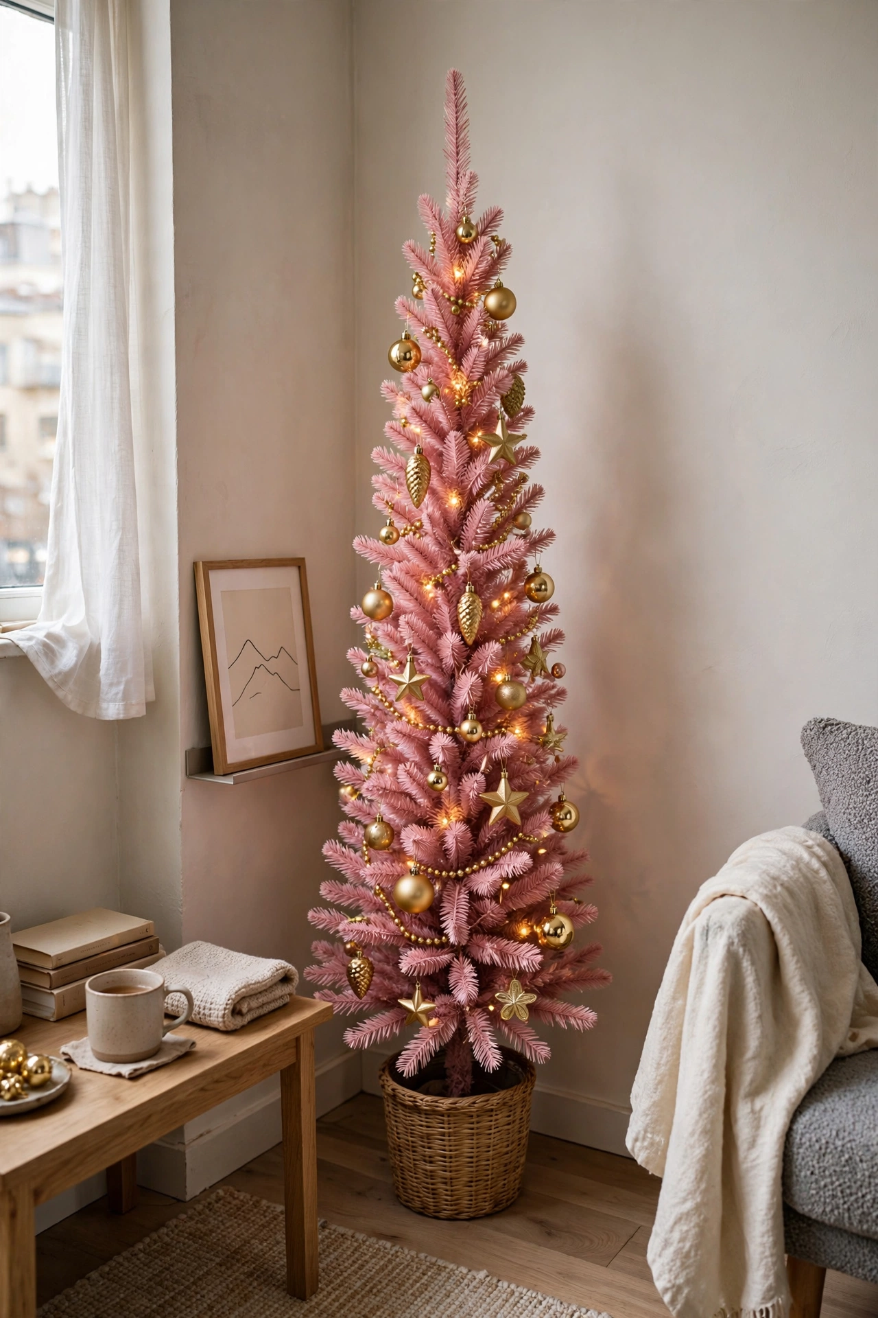 A slim narrow pink Christmas tree with gold ornaments in a small apartment living space.