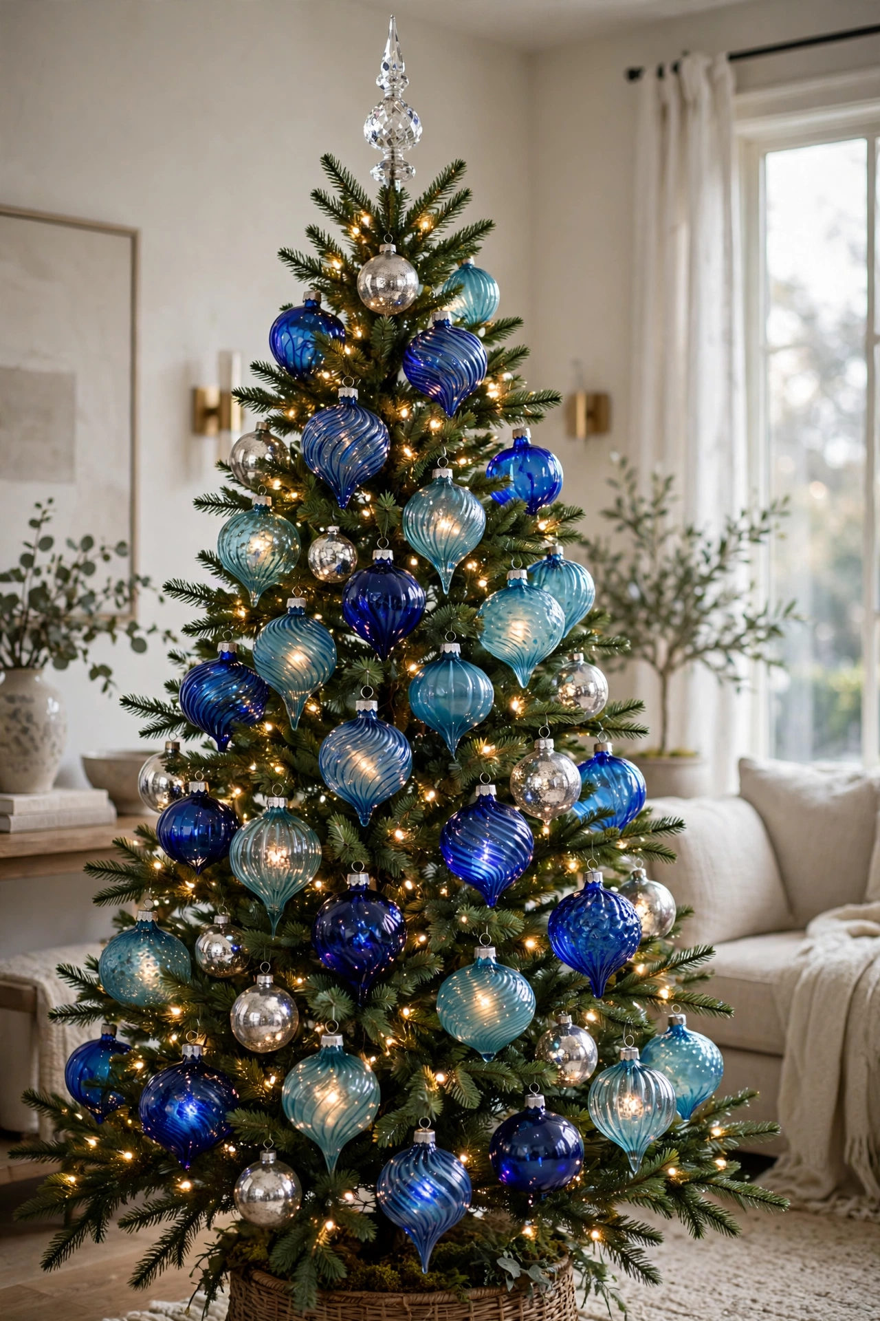 Blue hand blown glass ornaments on Christmas tree