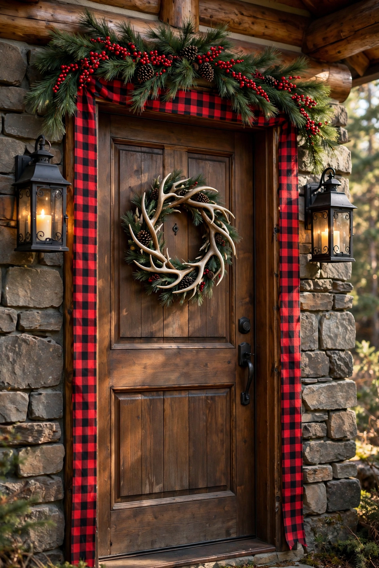 Buffalo plaid and antler wreath on lodge Christmas door