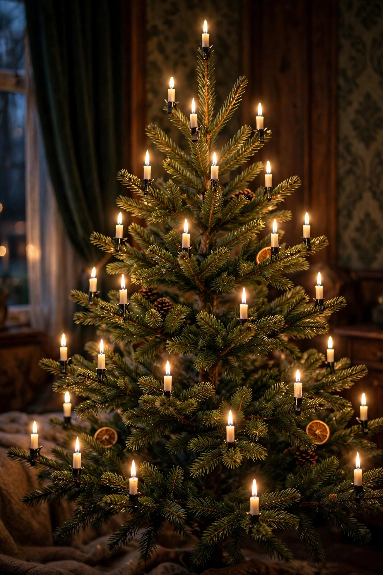 Warm candle style lights glowing on Christmas tree