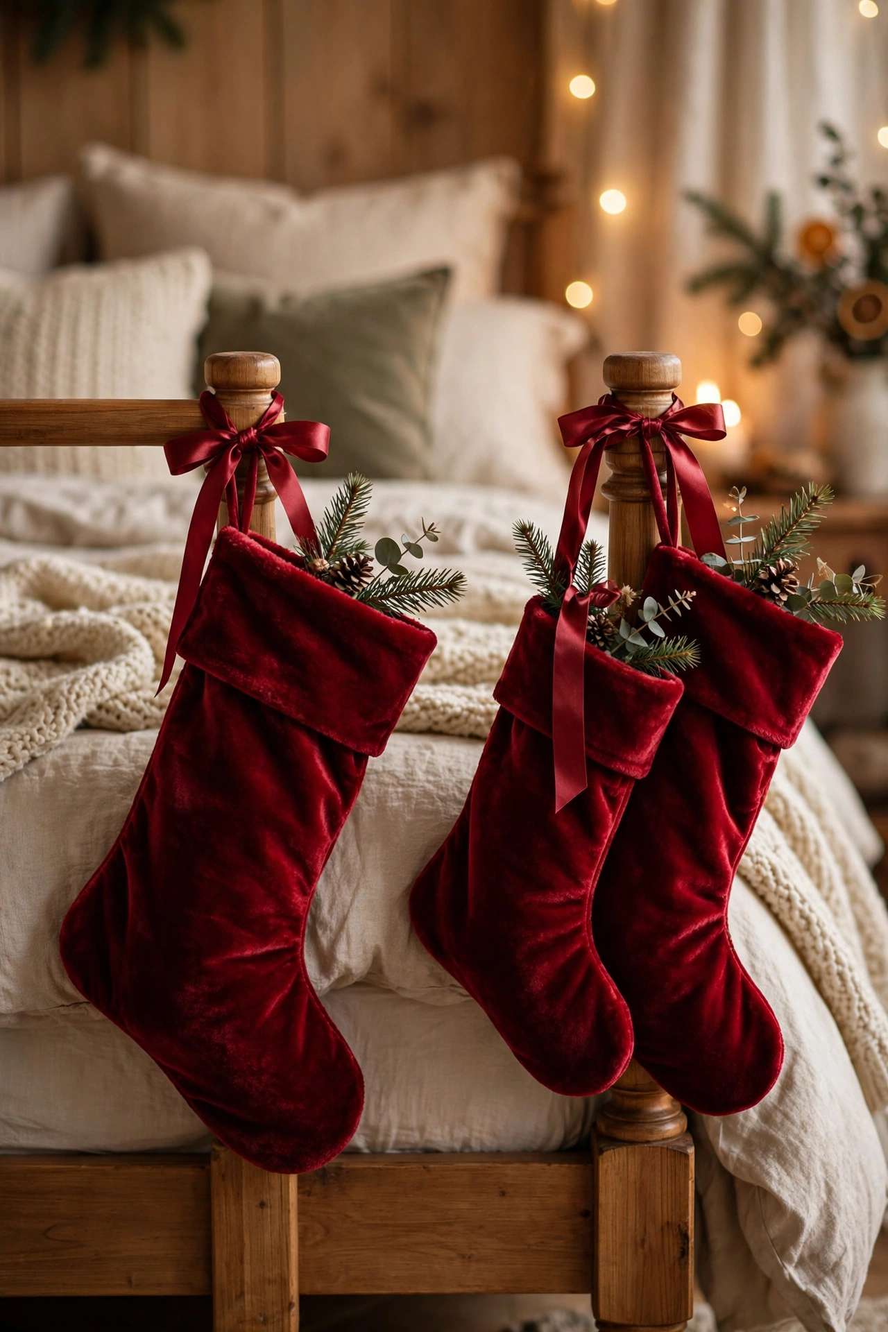 Velvet Christmas stockings hanging from bedroom bedposts