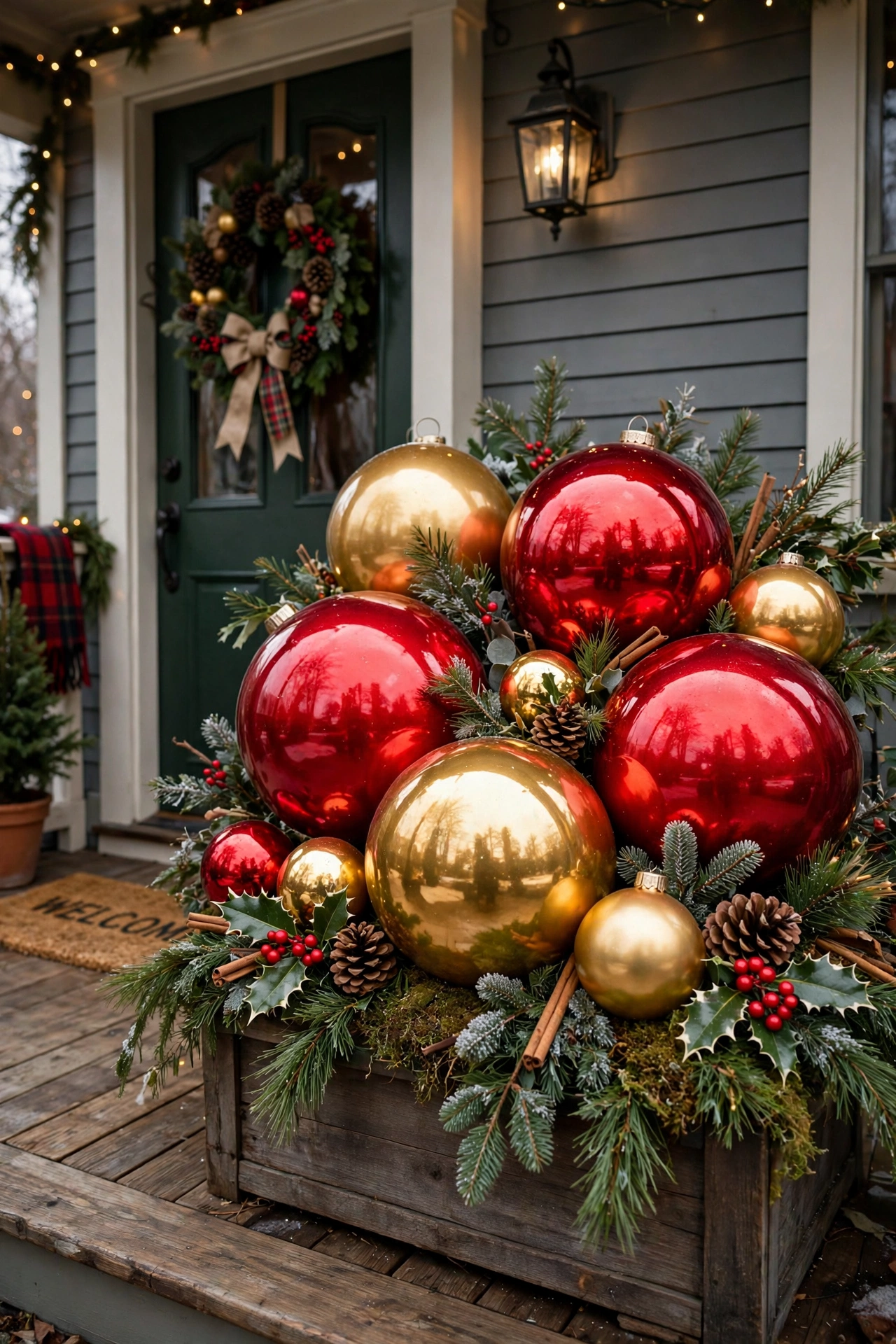Giant glossy red and gold Christmas ornaments arranged in a planter on a front porch.