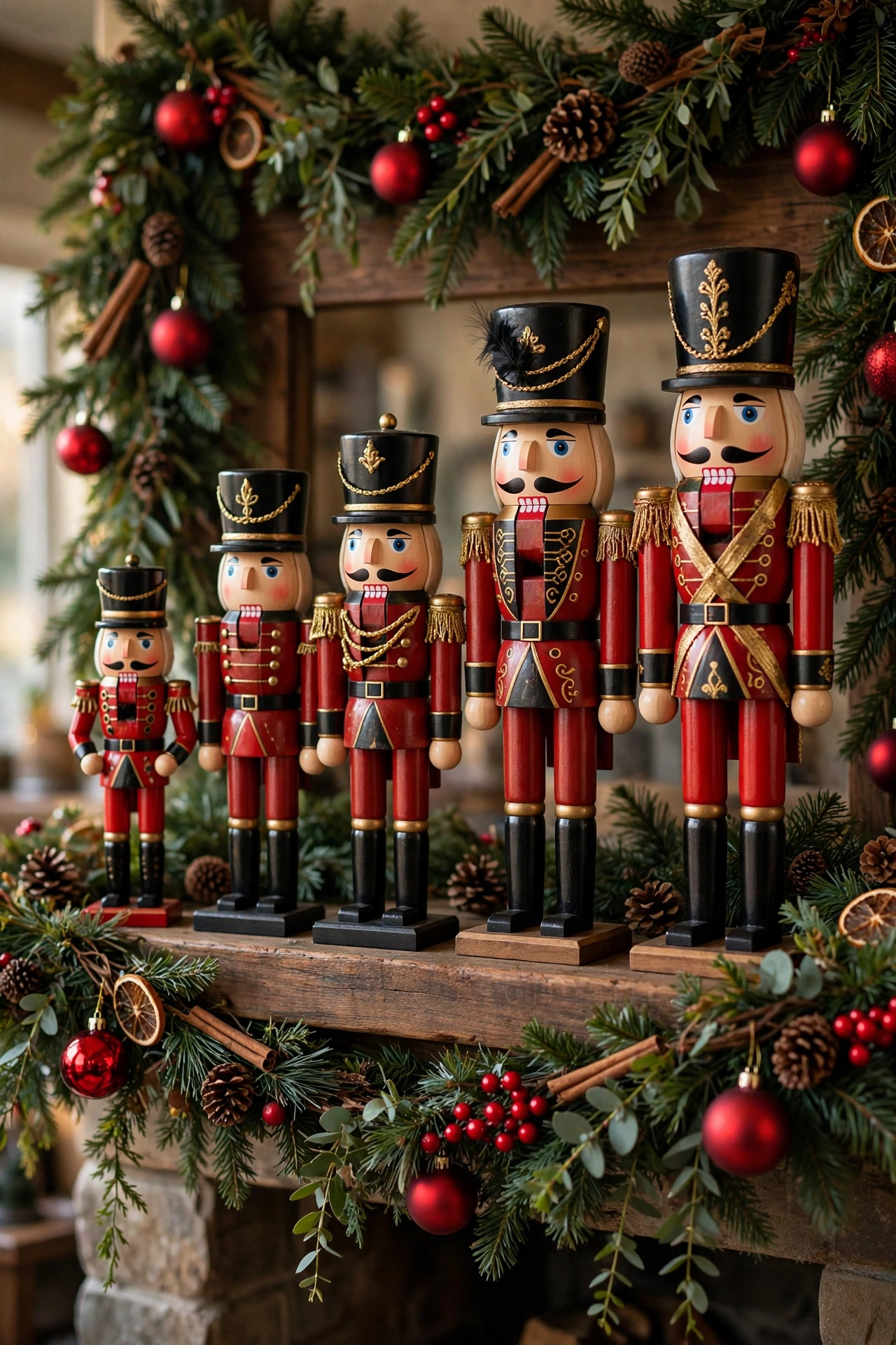 A lineup of classic nutcracker soldiers standing on a Christmas mantle.