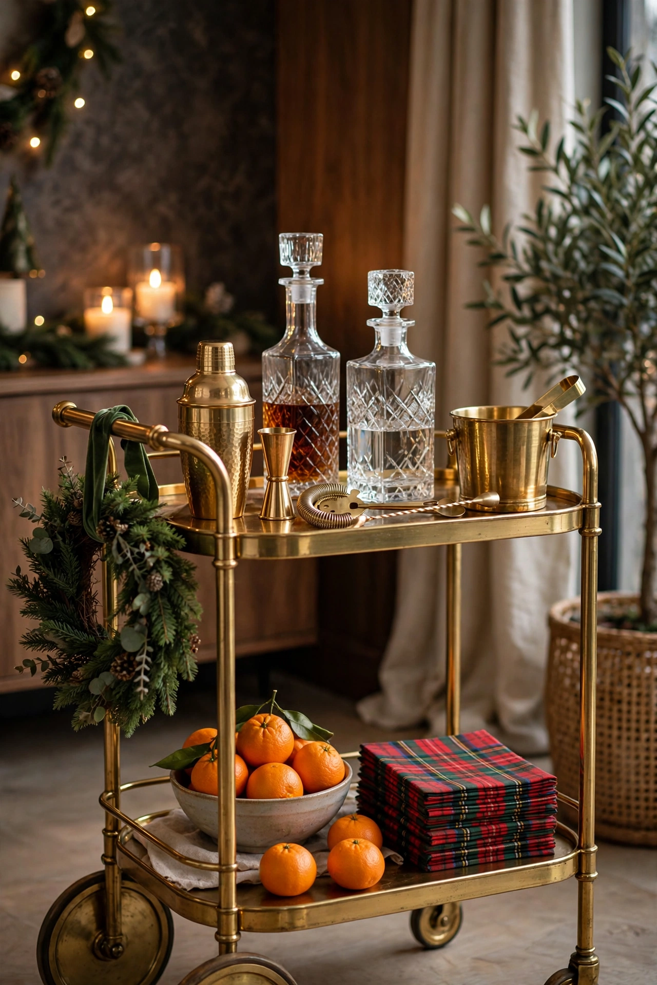 Holiday bar cart with leather details brass and Christmas decor