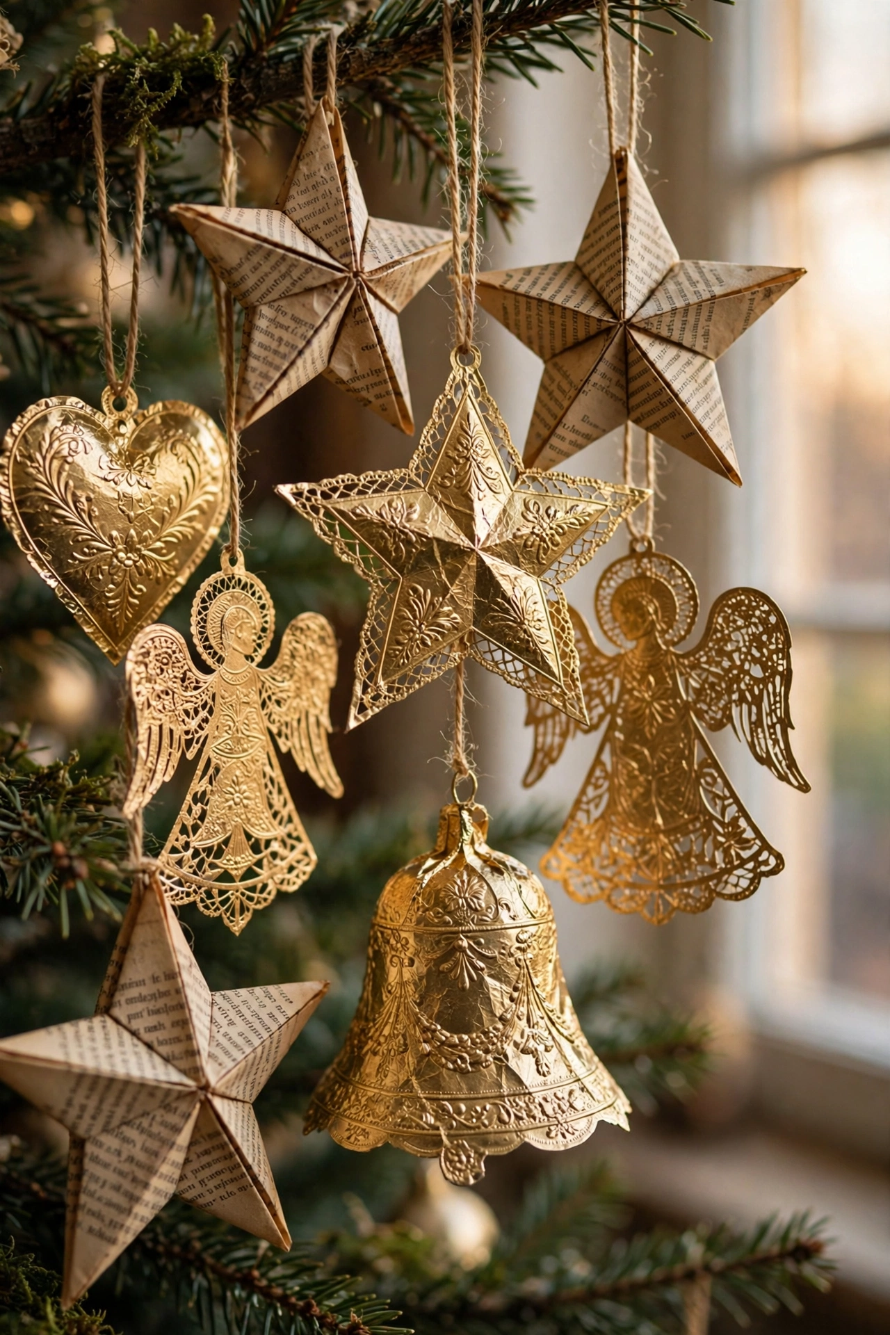 Dresden foil ornaments and old book page stars on tree