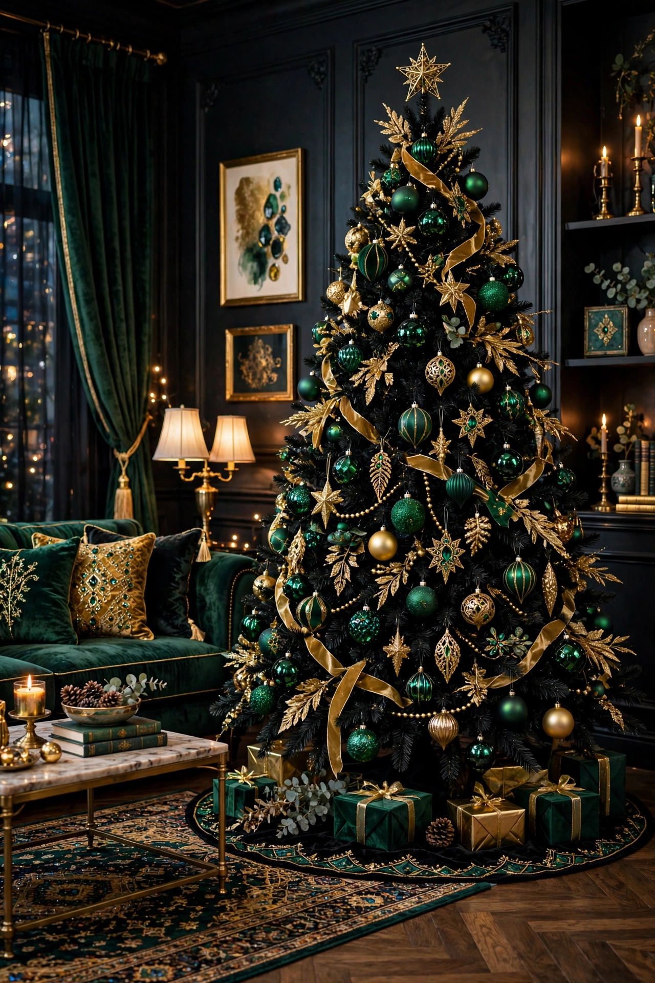 Black Christmas tree with emerald green and gold ornaments in a sophisticated jewel toned living room