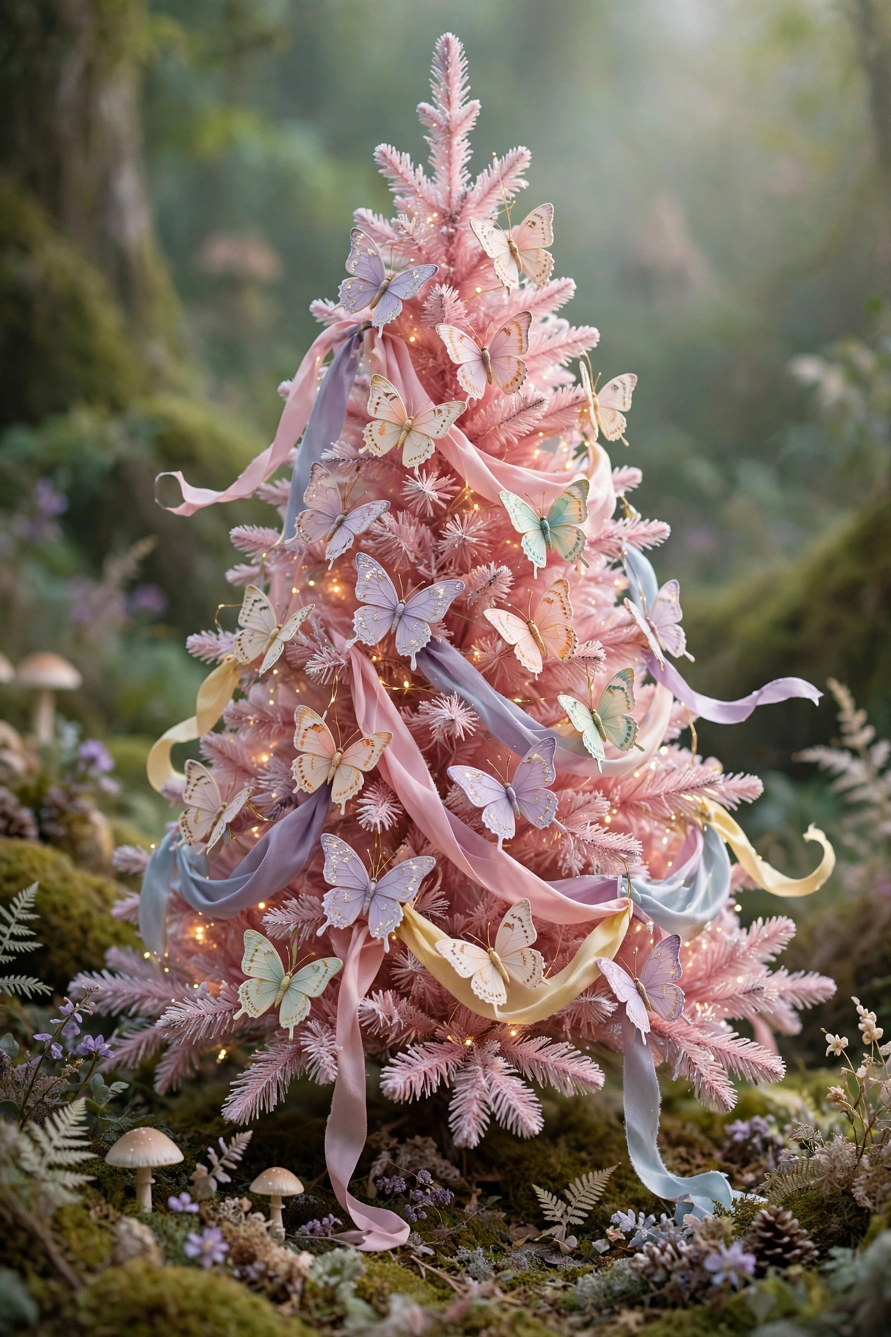 A pink Christmas tree decorated with delicate butterfly ornaments and flowing pastel ribbons.