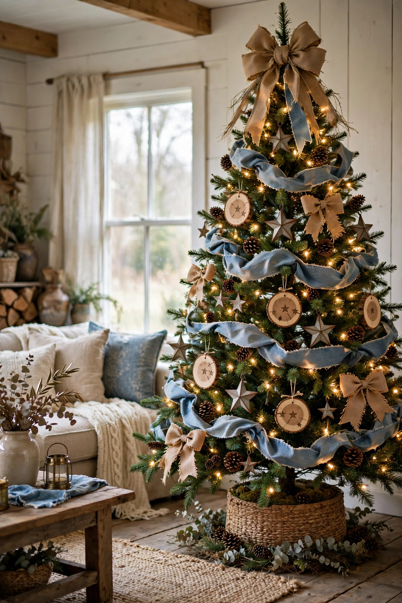 Rustic denim blue ribbon on country Christmas tree